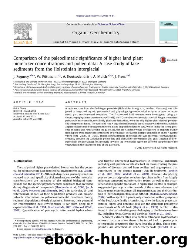 Comparison of the paleoclimatic significance of higher land plant biomarker concentrations and pollen data: A case study of lake sediments from the Holsteinian interglacial by J. Regnery & W. Püttmann & A. Koutsodendris & A. Mulch & J. Pross