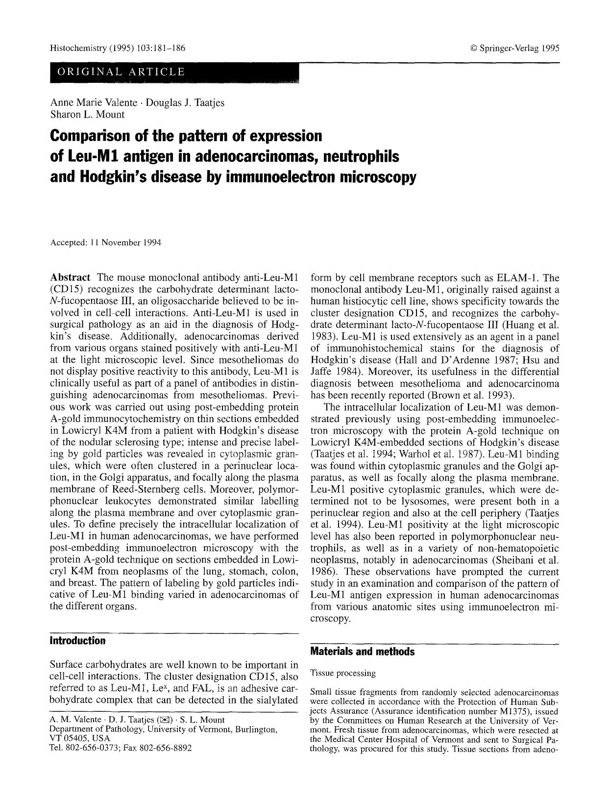 Comparison of the pattern of expression of Leu-M1 antigen in adenocarcinomas, neutrophils and Hodgkin's disease by immunoelectron microscopy by Unknown