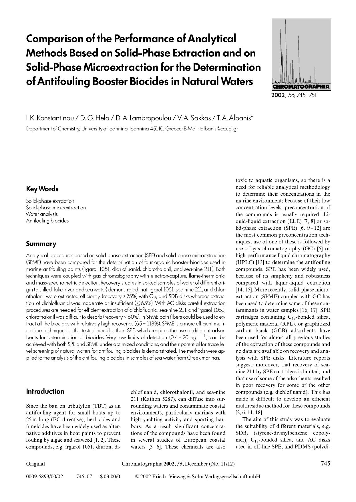Comparison of the performance of analytical methods based on solid-phase extraction and on solid-phase microextraction for the determination of antifouling booster biocides in natural waters by Unknown