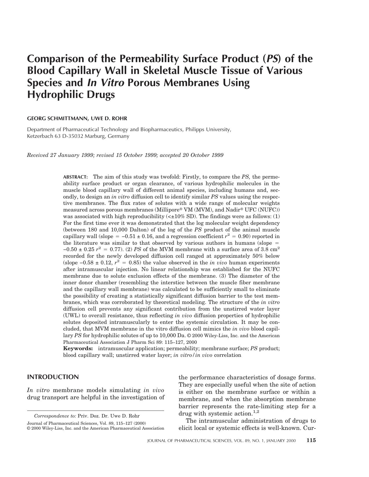 Comparison of the permeability surface product (ps) of the blood capillary wall in skeletal muscle tissue of various species and in vitro porous membranes using hydrophilic drugs by Unknown