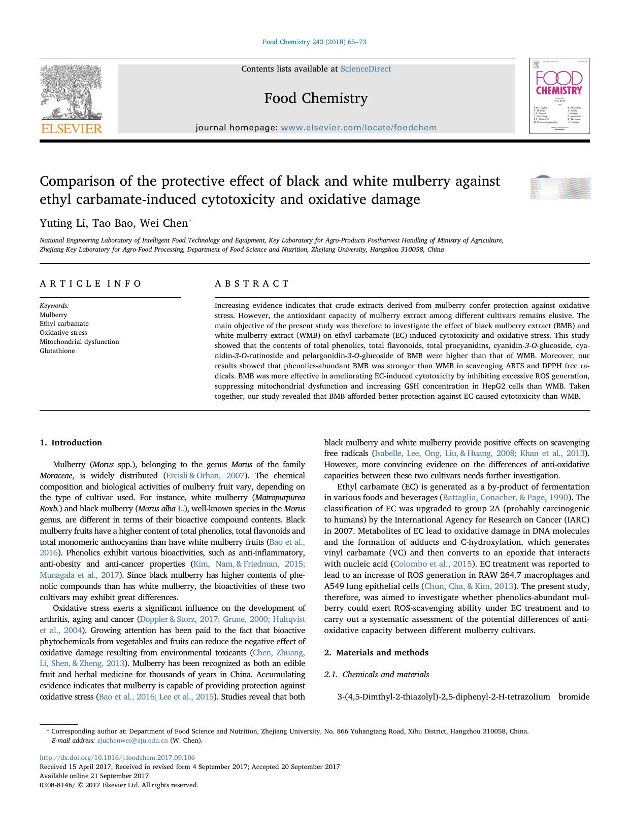 Comparison of the protective effect of black and white mulberry against ethyl carbamate-induced cytotoxicity and oxidative damage by Yuting Li & Tao Bao & Wei Chen