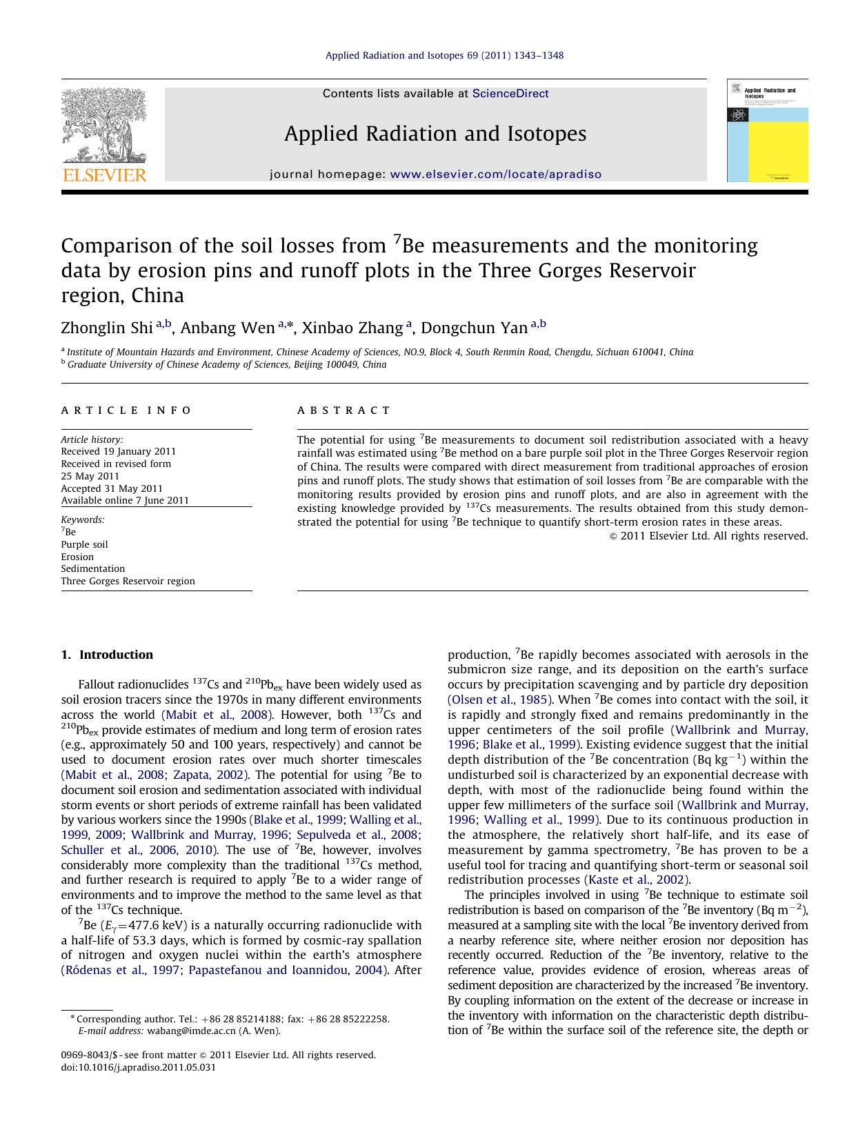 Comparison of the soil losses from 7Be measurements and the monitoring data by erosion pins and runoff plots in the Three Gorges Reservoir region, China by Zhonglin Shi & Anbang Wen & Xinbao Zhang & Dongchun Yan