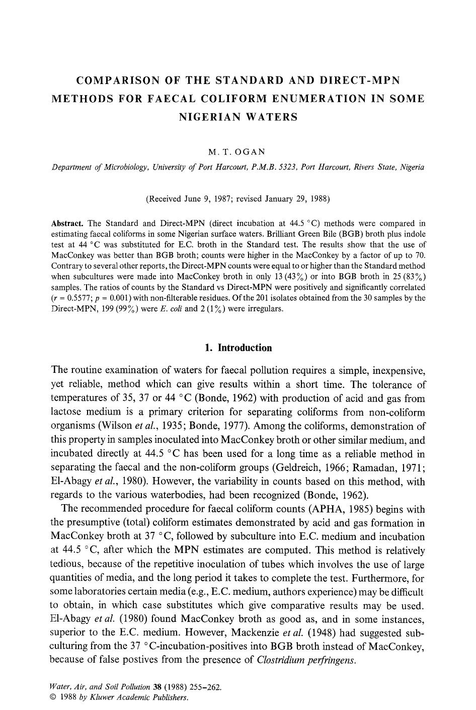 Comparison of the standard and direct-mpn methods for faecal coliform enumeration in some Nigerian waters by Unknown