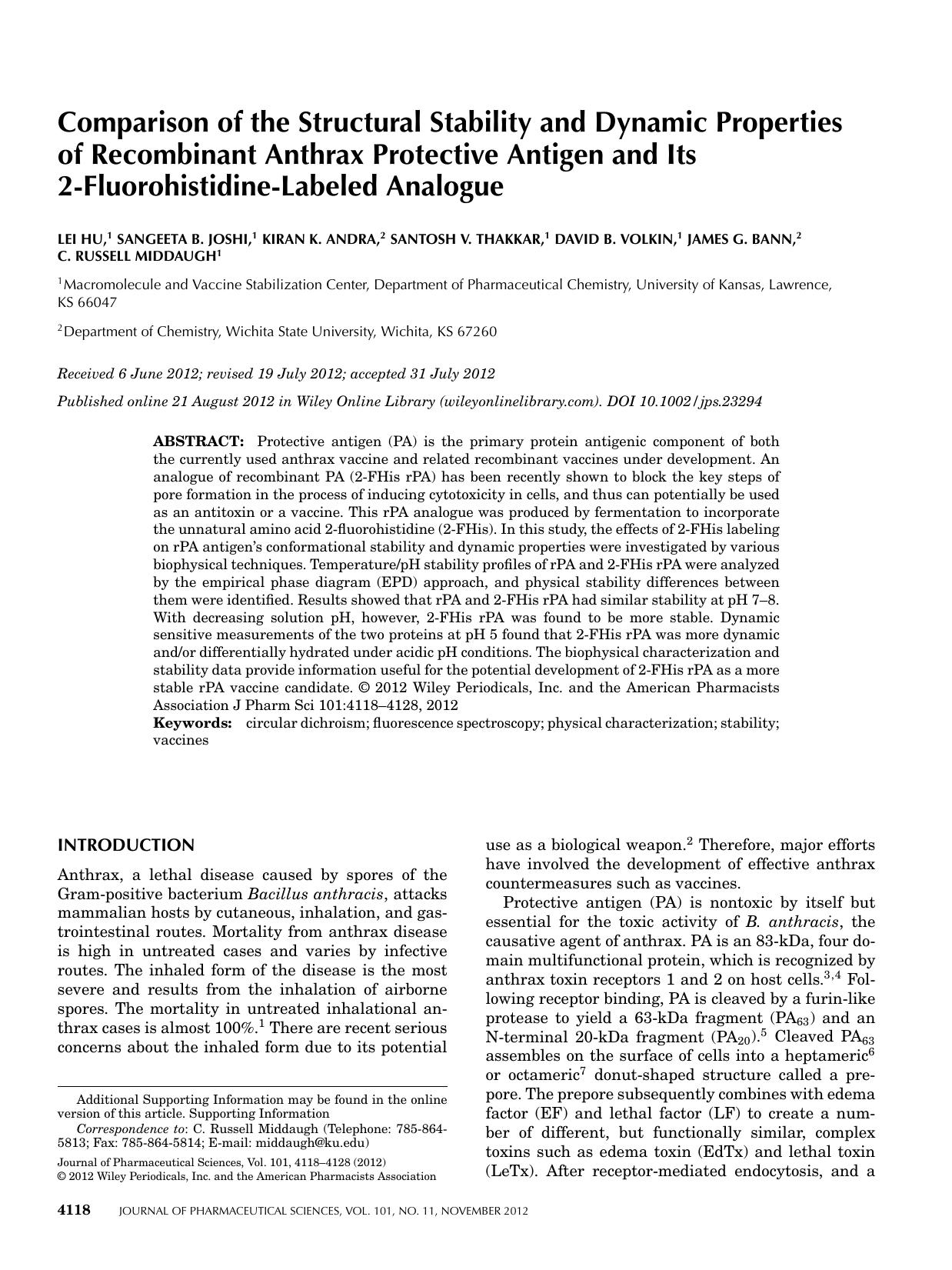 Comparison of the structural stability and dynamic properties of recombinant anthrax protective antigen and its 2fluorohistidinelabeled analogue by Unknown