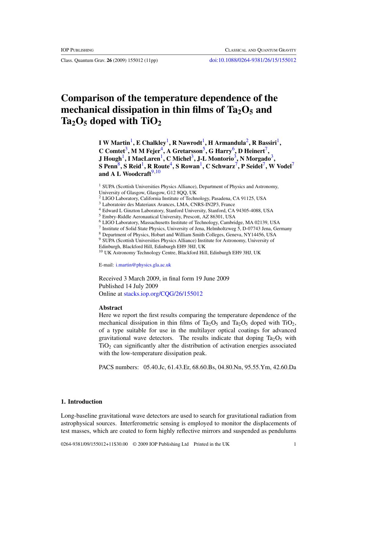 Comparison of the temperature dependence of the mechanical dissipation... by I W Martin et al