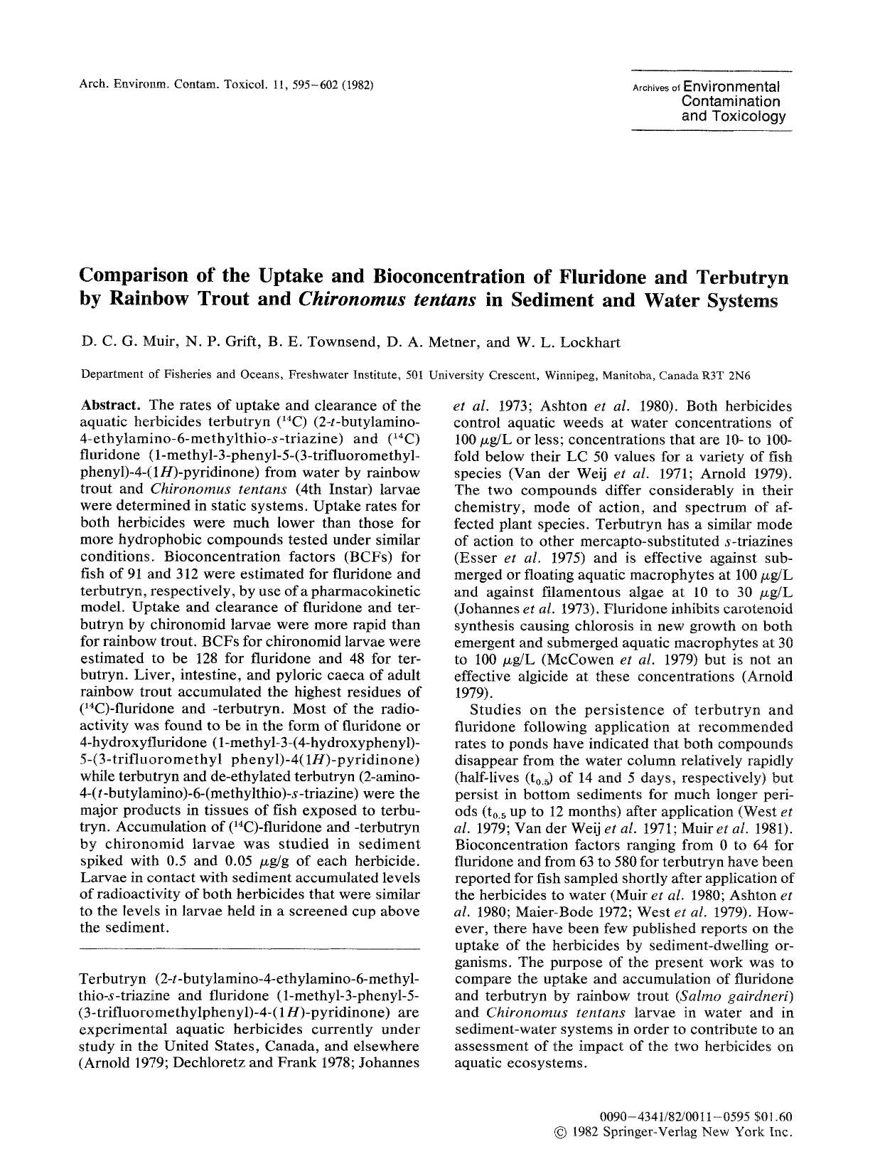 Comparison of the uptake and bioconcentration of fluridone and terbutryn by rainbow trout and <Emphasis Type="Italic">Chironomus tentans <Emphasis> in sediment and water systems by Unknown
