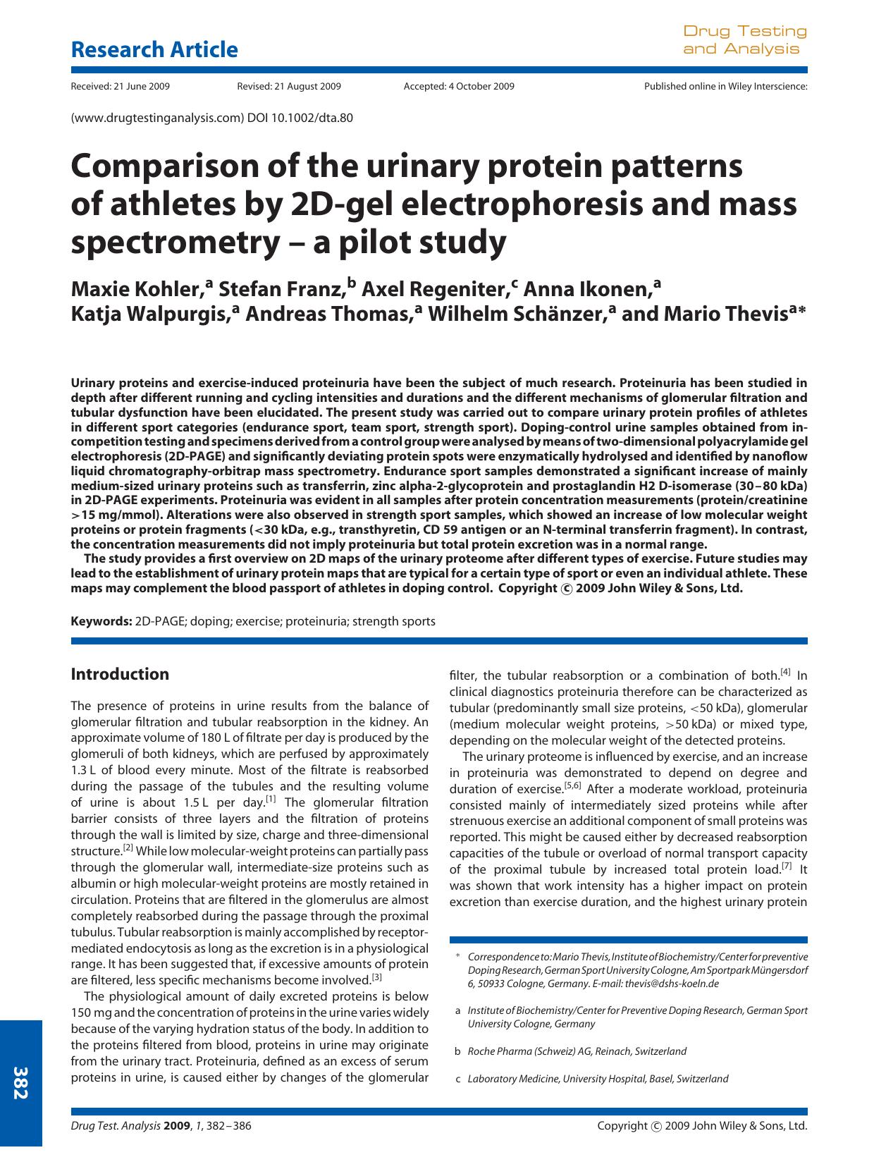 Comparison of the urinary protein patterns of athletes by 2D-gel electrophoresis and mass spectrometry-a pilot study by Unknown