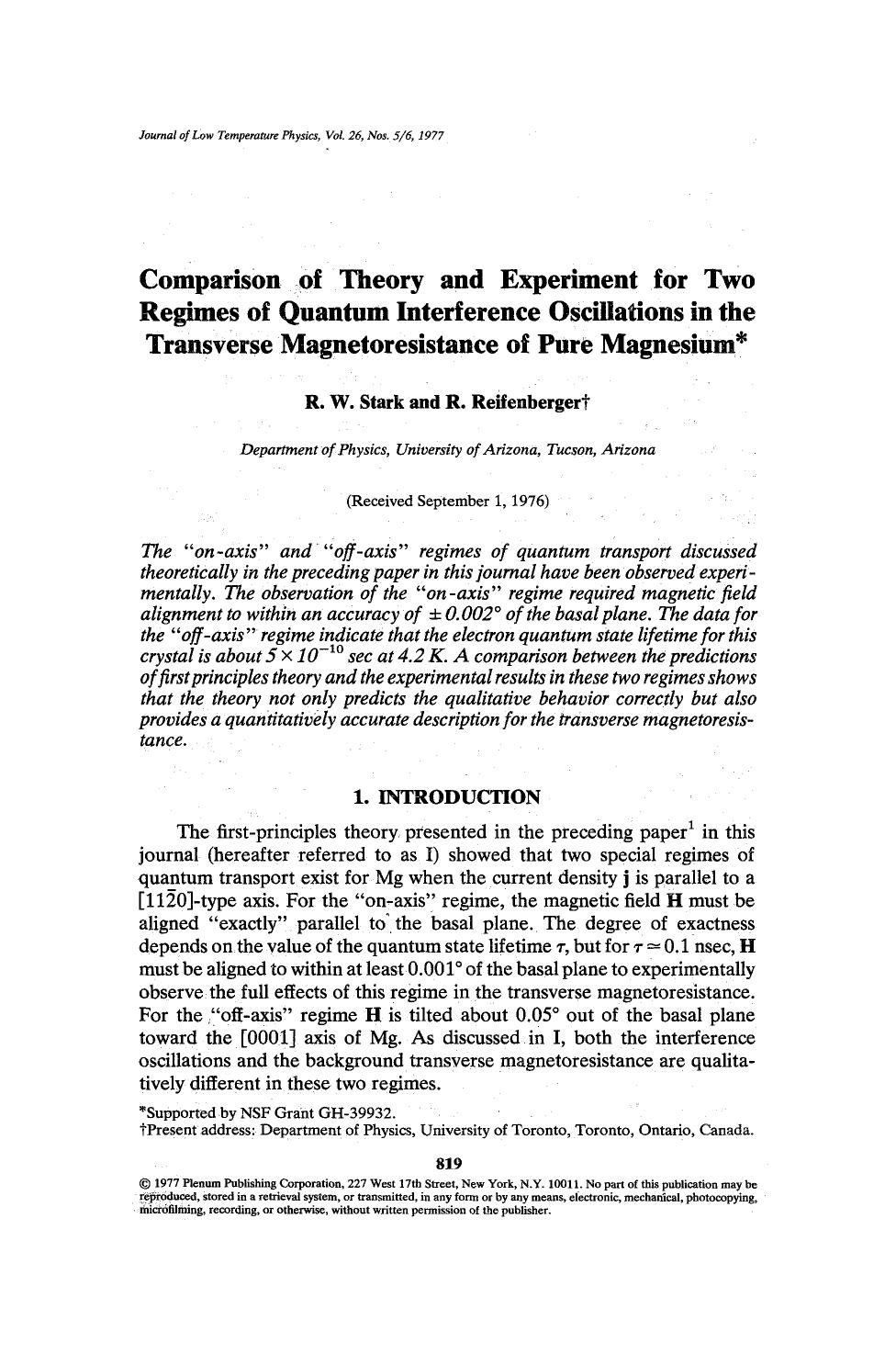 Comparison of theory and experiment for two regimes of quantum interference oscillations in the transverse magnetoresistance of pure magnesium by Unknown