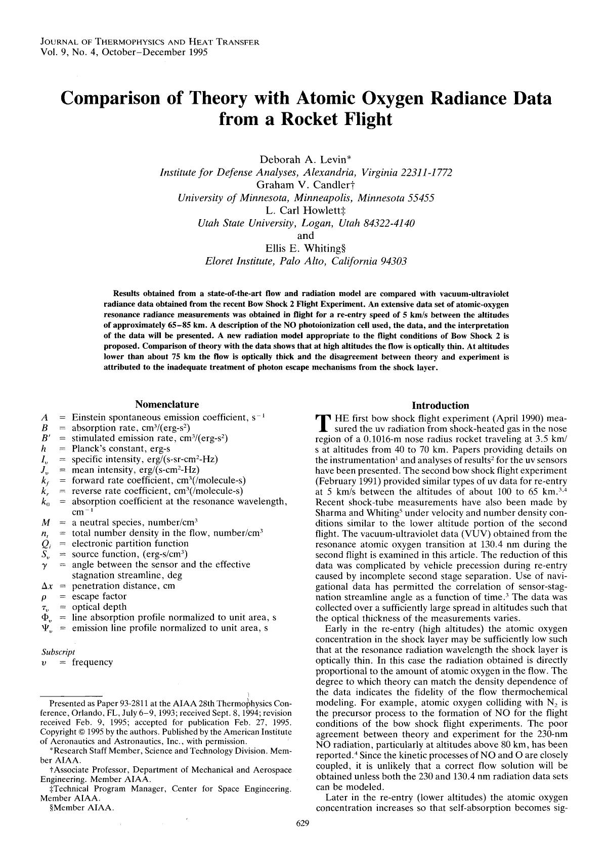 Comparison of theory with atomic oxygen radiance data from a rocket flight by Unknown