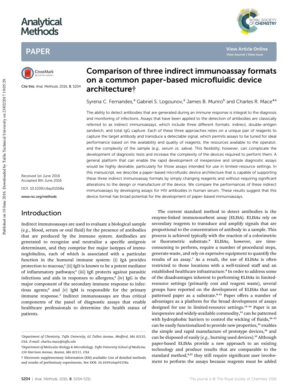 Comparison of three indirect immunoassay formats on a common paper-based microfluidic device architecture by Syrena C. Fernandes & Gabriel S. Logounov & James B. Munro & Charles R. Mace