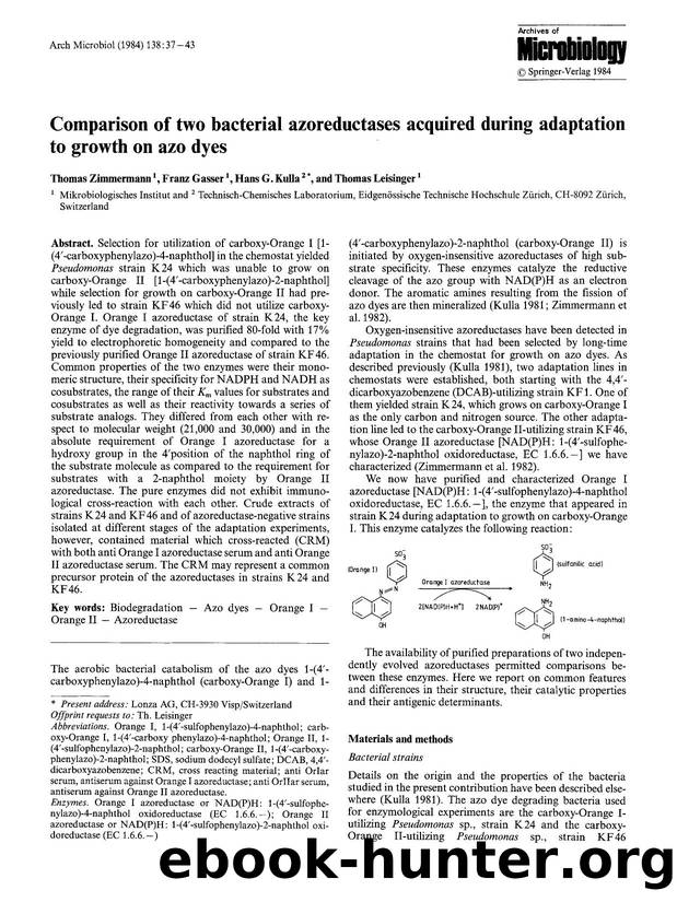 Comparison of two bacterial azoreductases acquired during adaptation to growth on azo dyes by Unknown