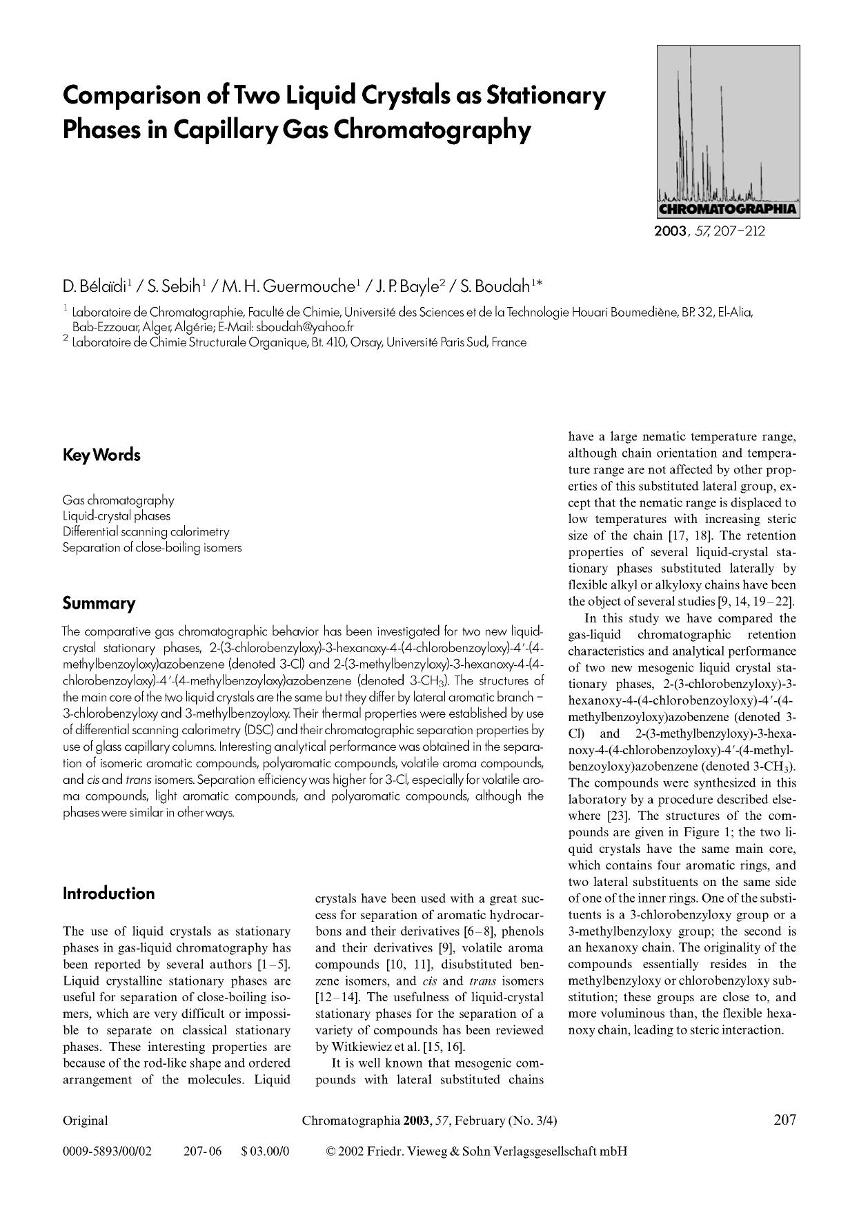 Comparison of two liquid crystals as stationary phases in capillary gas chromatography by Unknown