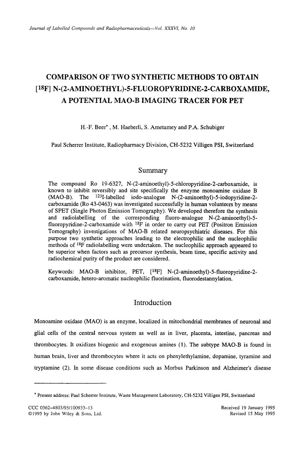 Comparison of two synthetic methods to obtain [18F] N-(2-aminoethyl)-5-fluoropyridine-2-carboxamide, a potential MAO-B imaging tracer for PET by Unknown