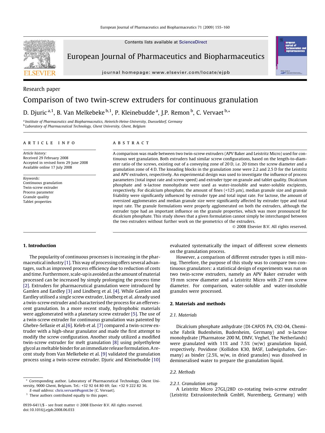 Comparison of two twin-screw extruders for continuous granulation by D. Djuric; B. Van Melkebeke; P. Kleinebudde; J.P. Remon; C. Vervaet