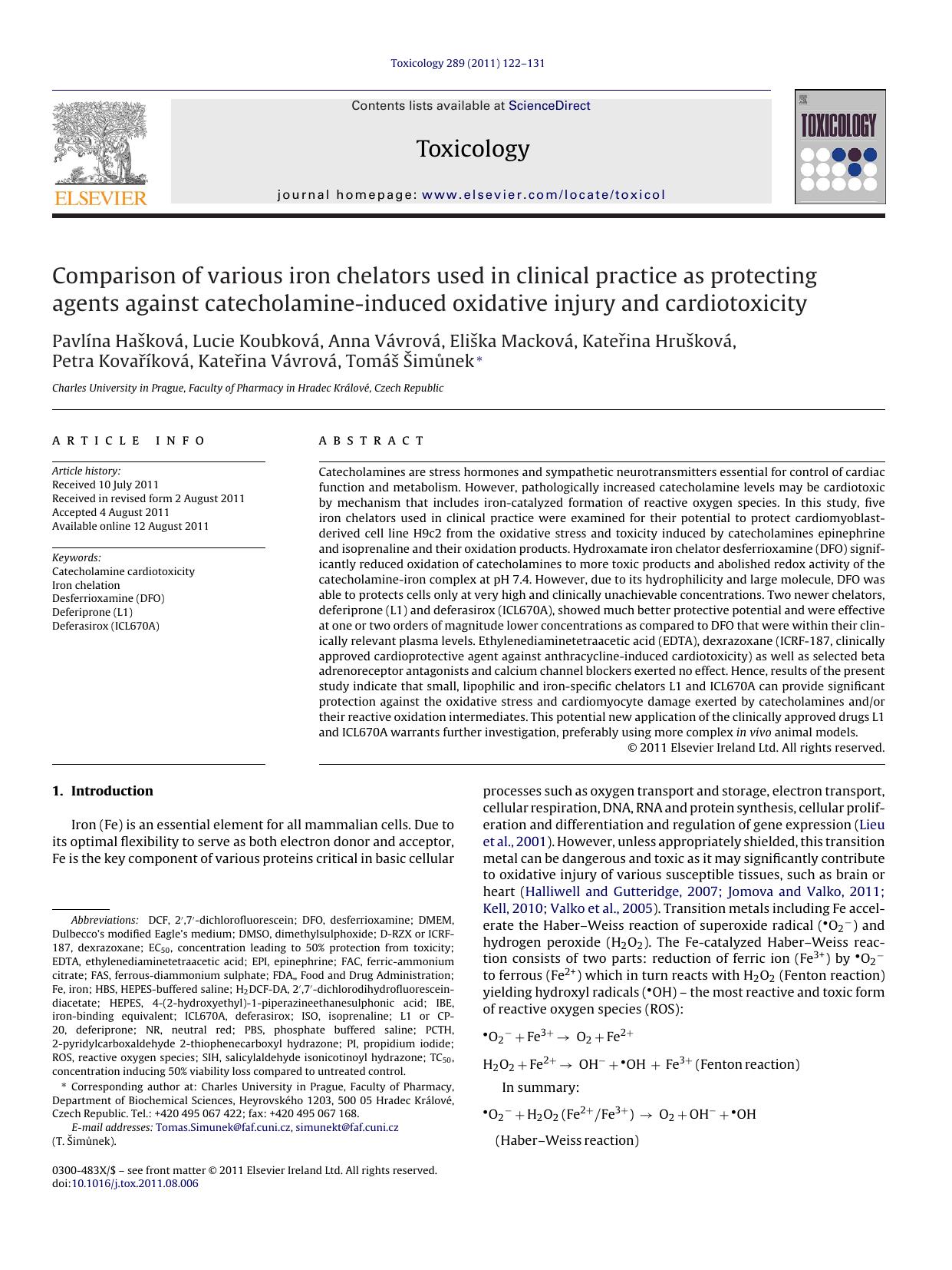Comparison of various iron chelators used in clinical practice as protecting agents against catecholamine-induced oxidative injury and cardiotoxicity by PavlÃ­na HaÅ¡kovÃ¡