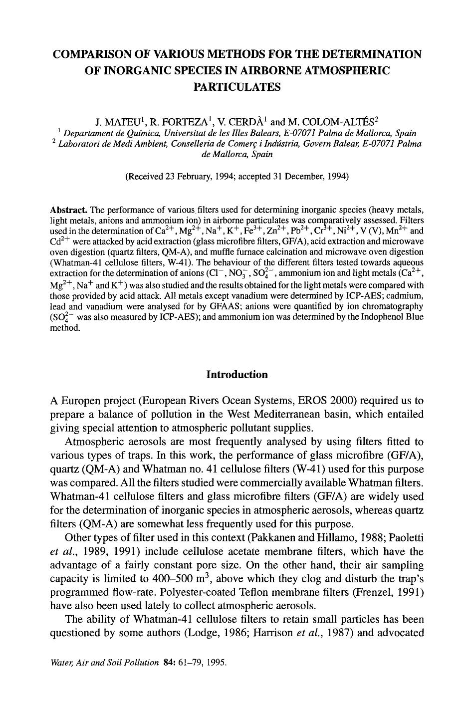Comparison of various methods for the determination of inorganic species in airborne atmospheric particulates by Unknown