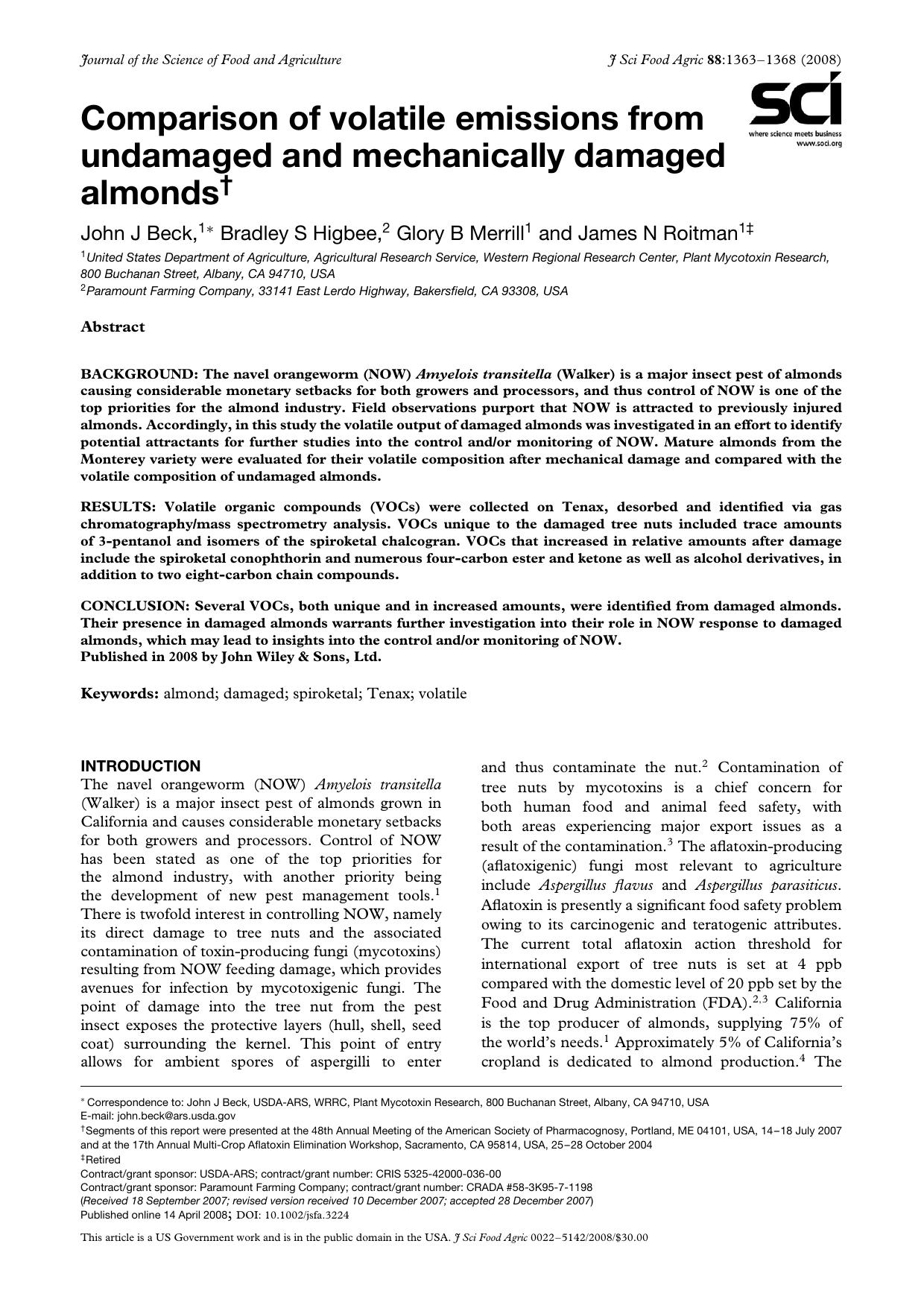 Comparison of volatile emissions from undamaged and mechanically damaged almonds by Unknown