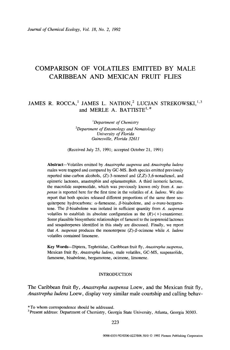 Comparison of volatiles emitted by male caribbean and mexican fruit flies by Unknown