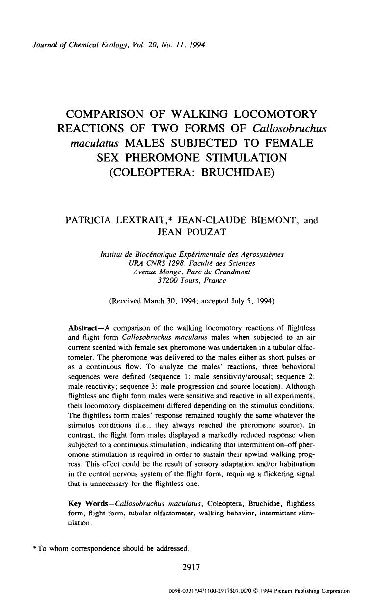 Comparison of walking locomotory reactions of two forms of <Emphasis Type="Italic">Callosobruchus maculatus <Emphasis> males subjected to female sex pheromone stimulation (Coleoptera: Bruchidae) by Unknown