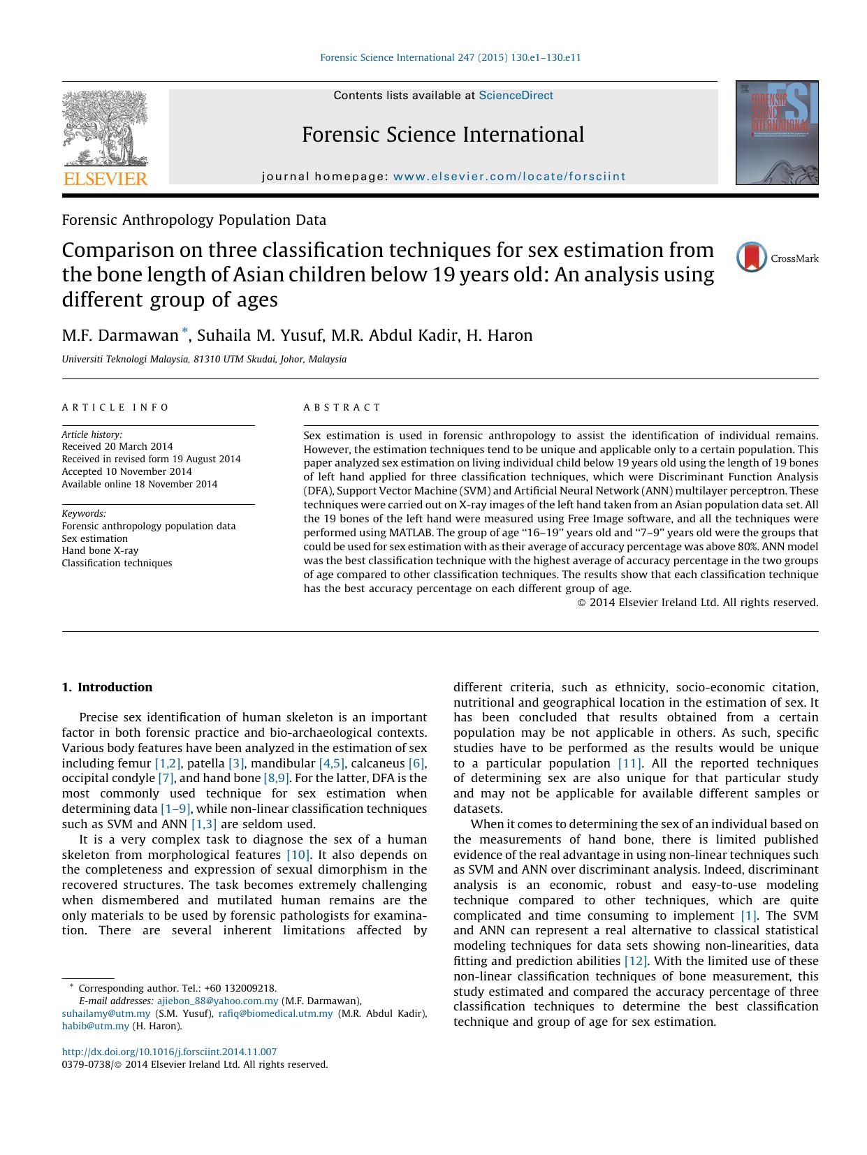 Comparison on three classification techniques for sex estimation from the bone length of Asian children below 19 years old: An analysis using different group of ages by M.F. Darmawan & Suhaila M. Yusuf & M.R. Abdul Kadir & H. Haron