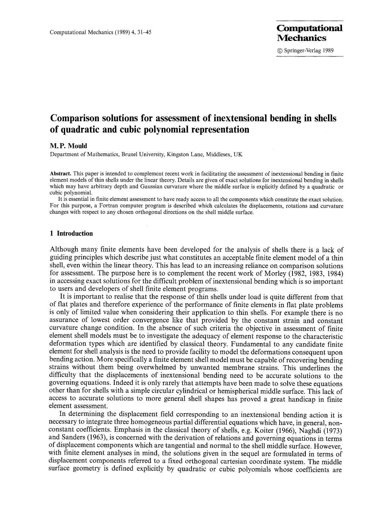 Comparison solutions for assessment of inextensional bending in shells of quadratic and cubic polynomial representation by Unknown