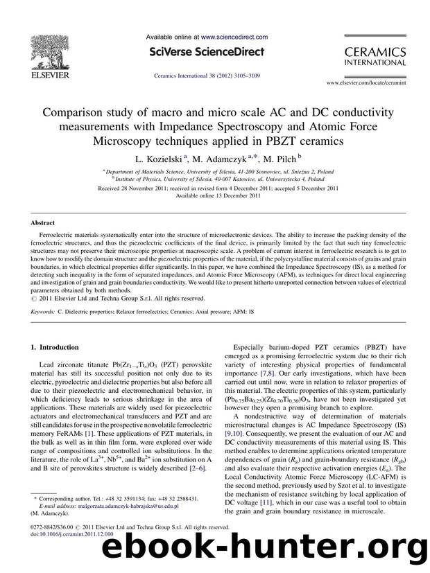 Comparison study of macro and micro scale AC and DC conductivity measurements with Impedance Spectroscopy and Atomic Force Microscopy techniques applied in PBZT ceramics by L. Kozielski