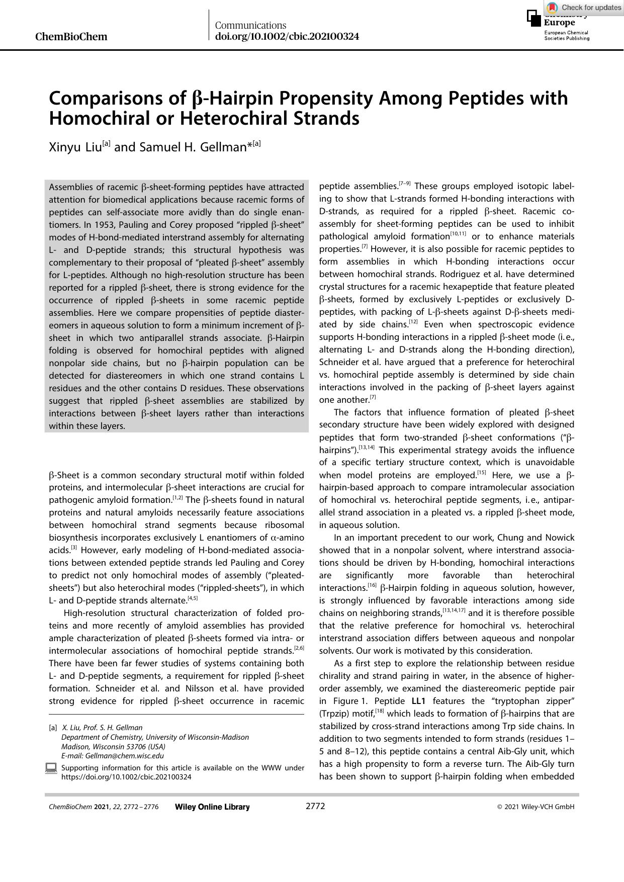 Comparisons of Î²âHairpin Propensity Among Peptides with Homochiral or Heterochiral Strands by Unknown