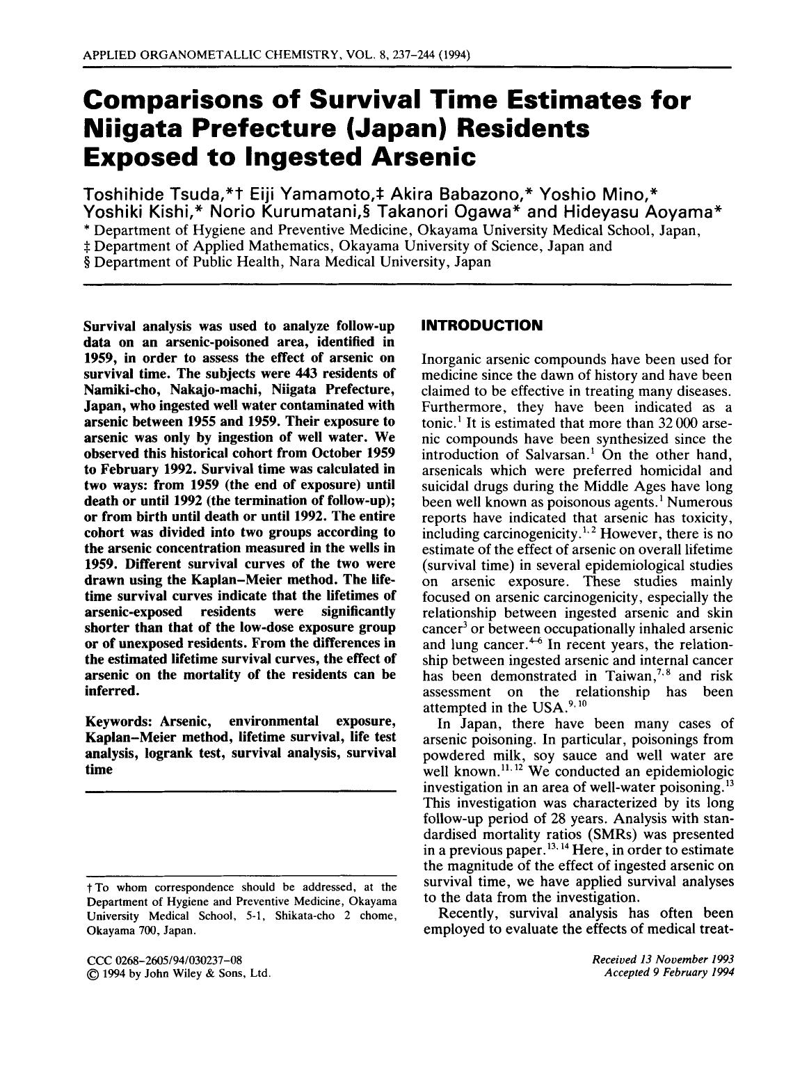 Comparisons of survival time estimates for niigata prefecture (japan) residents exposed to ingested arsenic by Unknown