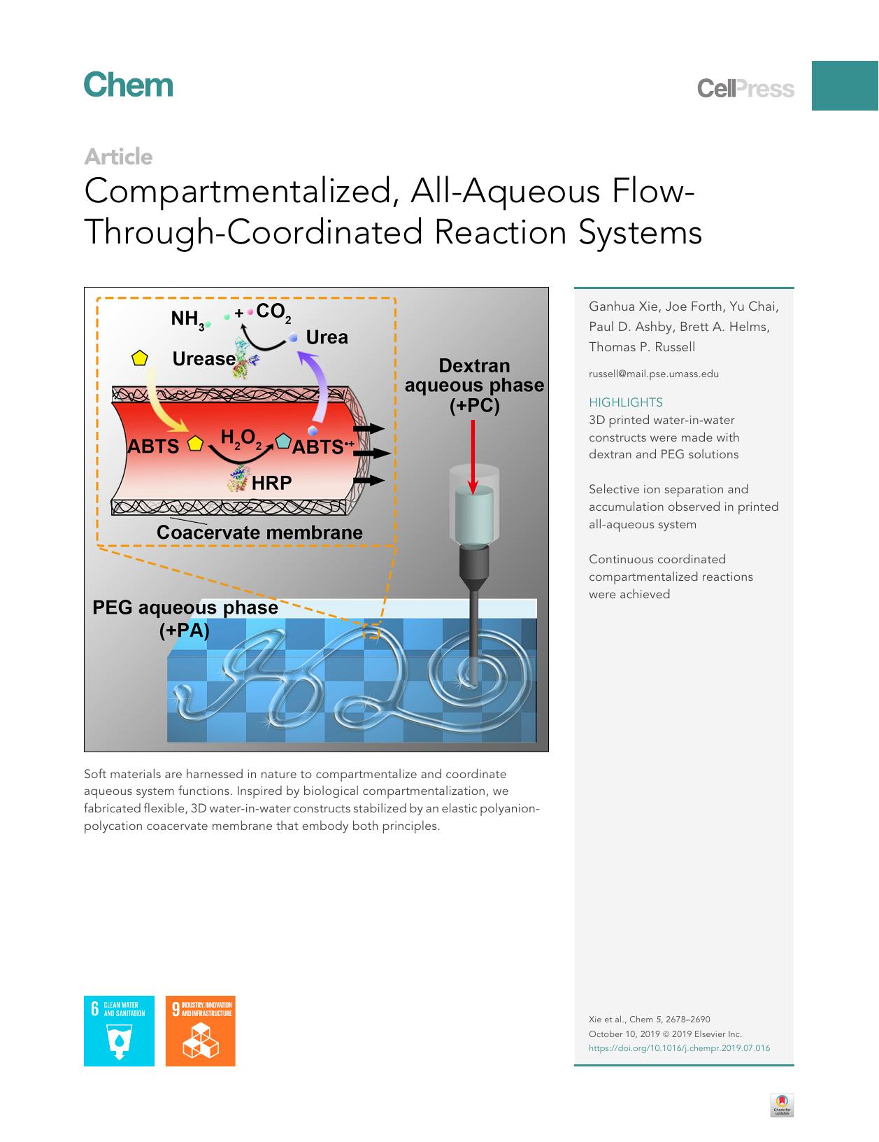 Compartmentalized, All-Aqueous Flow-Through-Coordinated Reaction Systems by Ganhua Xie & Joe Forth & Yu Chai & Paul D. Ashby & Brett A. Helms & Thomas P. Russell