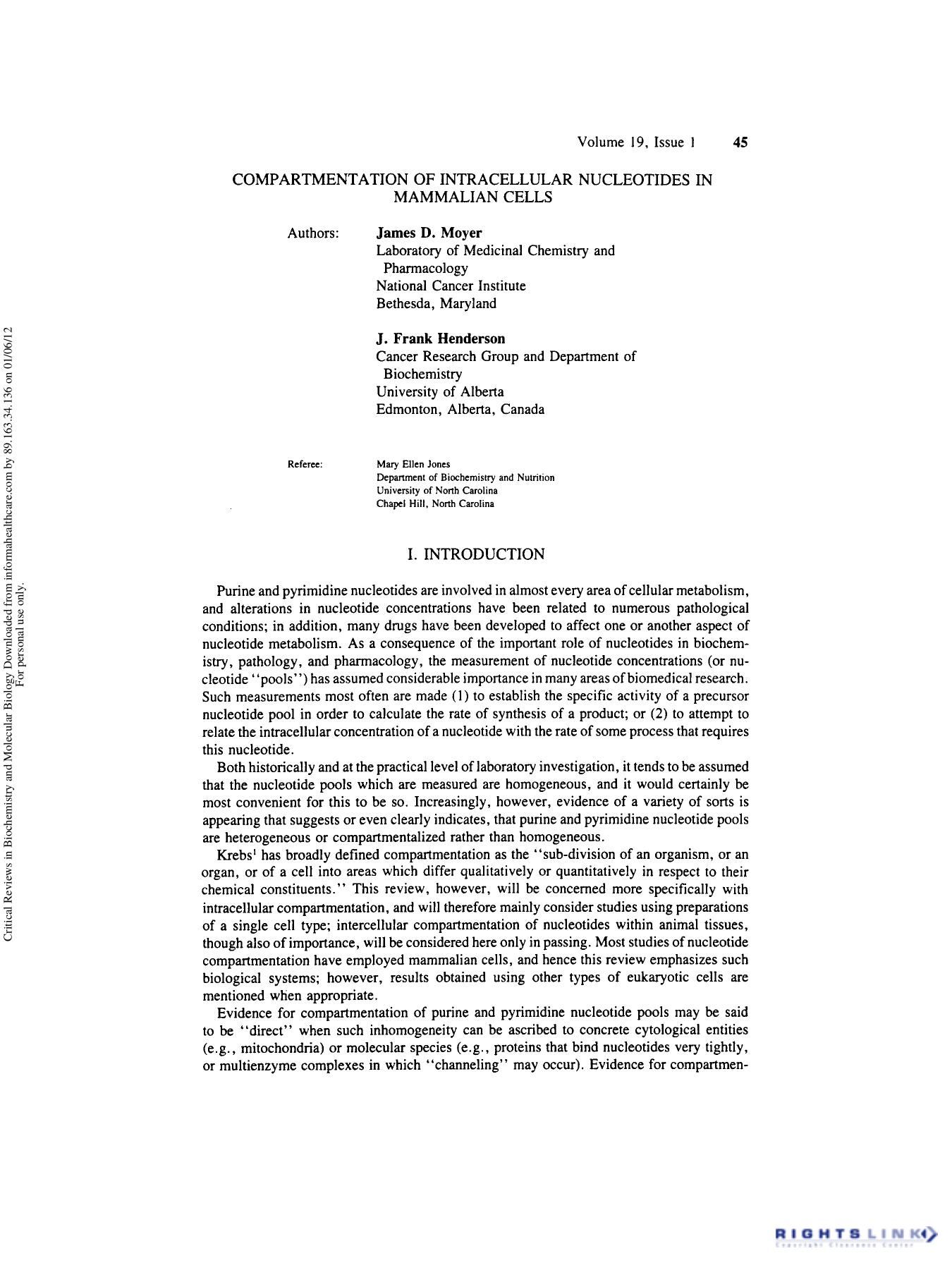 Compartmentation of Intracellular Nucleotides In Mammalian Cell by James D. Moyer J. Frank Henderson & Mary Ellen Jones