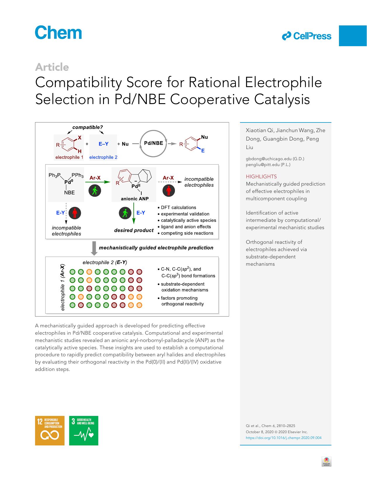 Compatibility Score for Rational Electrophile Selection in PdNBE Cooperative Catalysis by Xiaotian Qi & Jianchun Wang & Zhe Dong & Guangbin Dong & Peng Liu