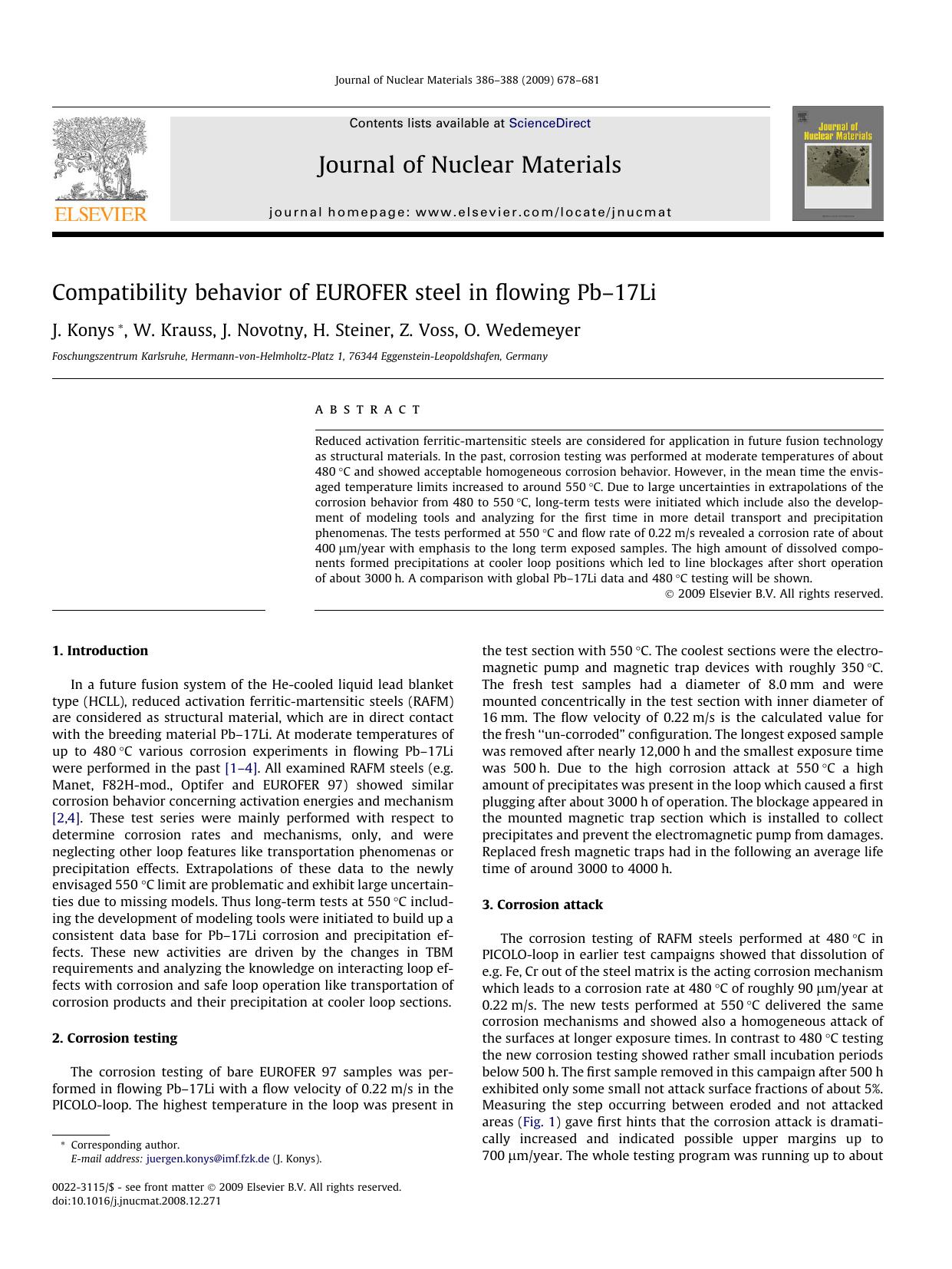 Compatibility behavior of EUROFER steel in flowing Pbâ17Li by J. Konys; W. Krauss; J. Novotny; H. Steiner; Z. Voss; O. Wedemeyer