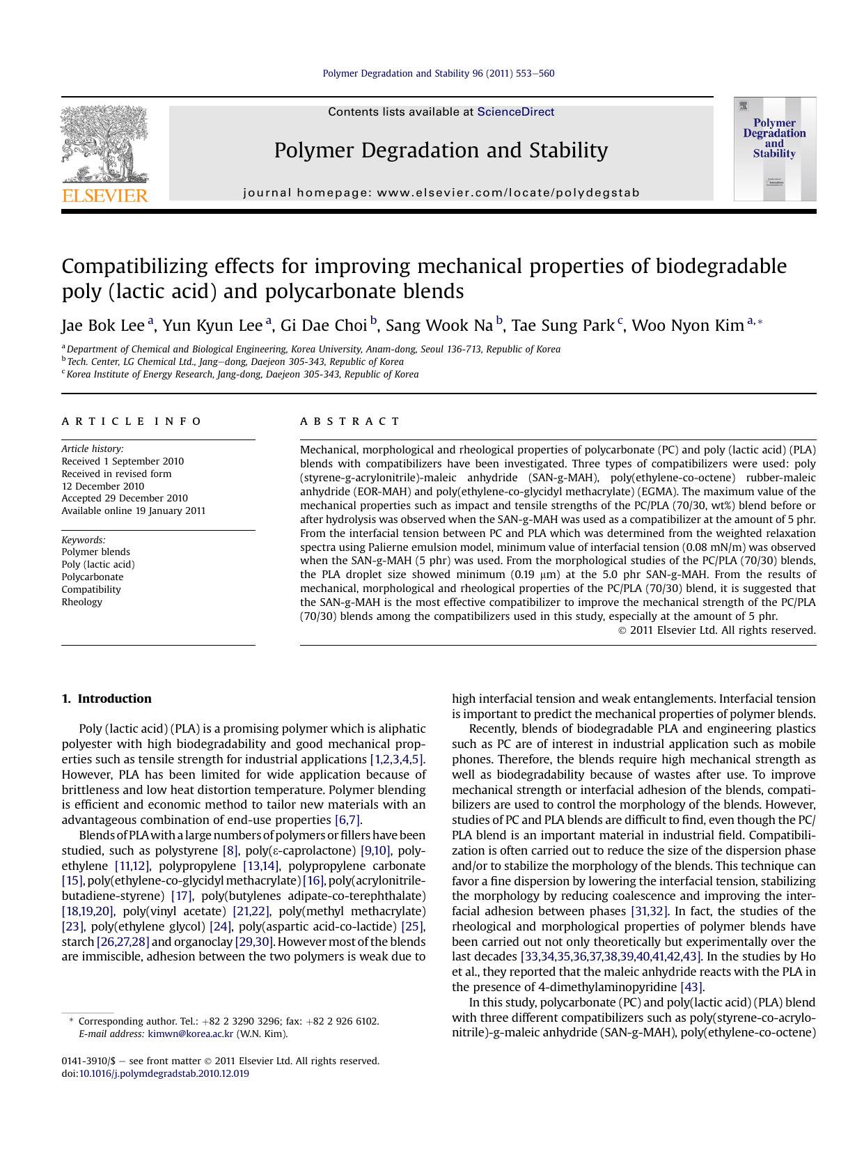 Compatibilizing effects for improving mechanical properties of biodegradable poly (lactic acid) and polycarbonate blends by Jae Bok Lee & Yun Kyun Lee & Gi Dae Choi & Sang Wook Na & Tae Sung Park & Woo Nyon Kim