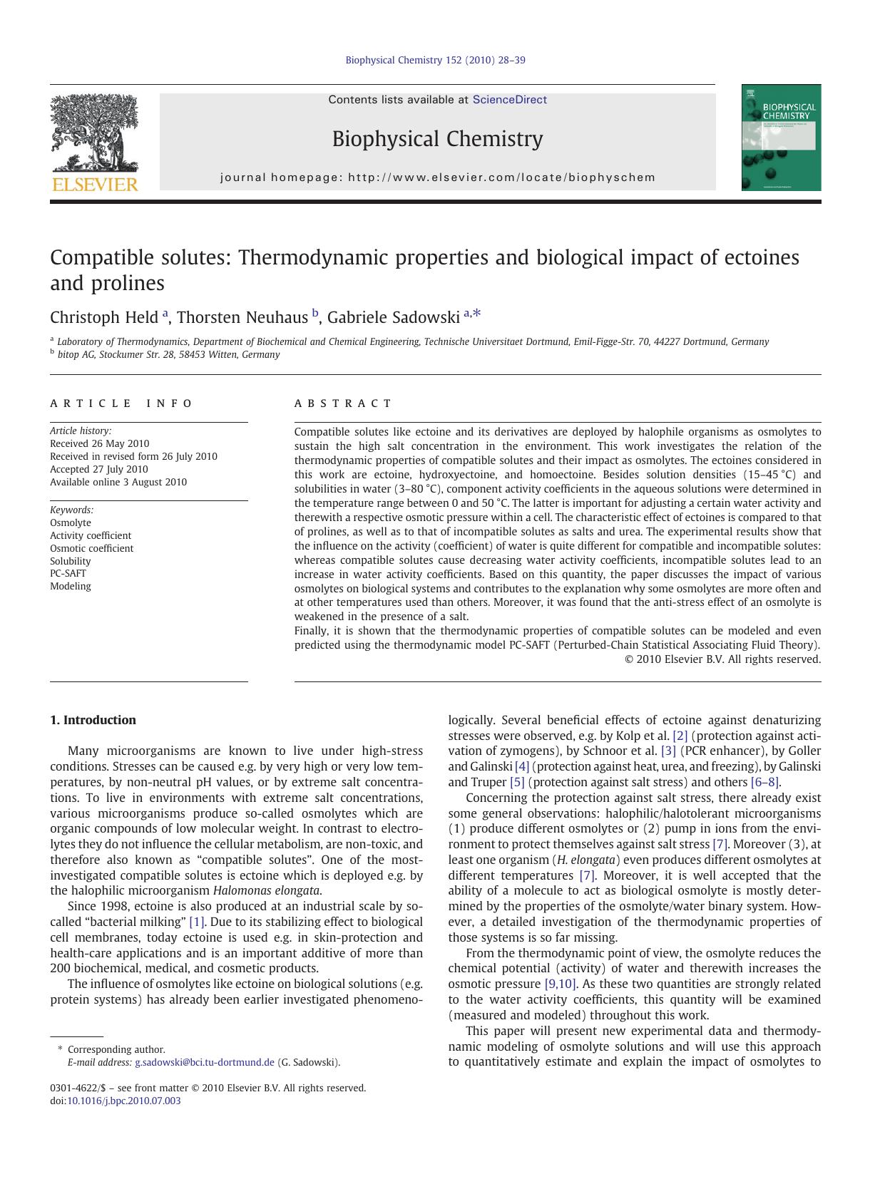 Compatible solutes: Thermodynamic properties and biological impact of ectoines and prolines by Christoph Held & Thorsten Neuhaus & Gabriele Sadowski