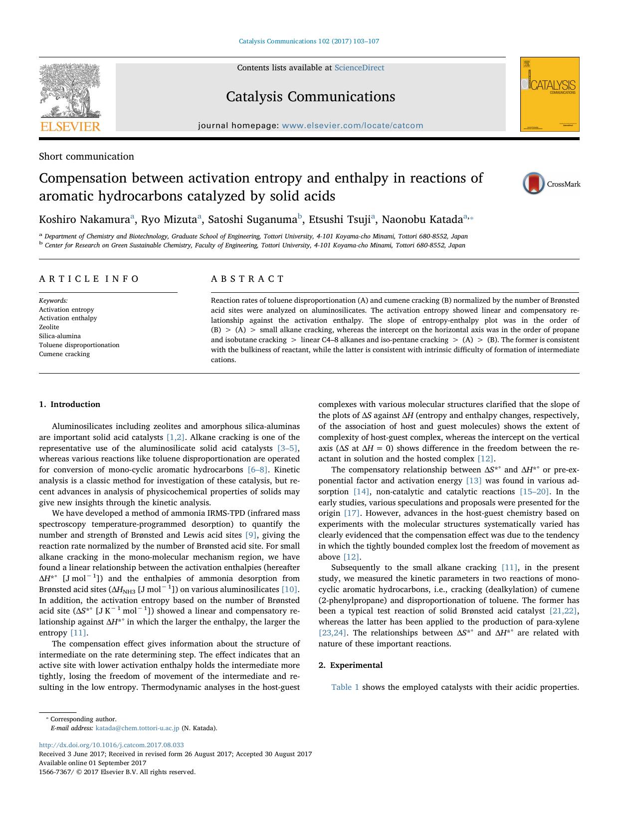 Compensation between activation entropy and enthalpy in reactions of aromatic hydrocarbons catalyzed by solid acids by Koshiro Nakamura & Ryo Mizuta & Satoshi Suganuma & Etsushi Tsuji & Naonobu Katada