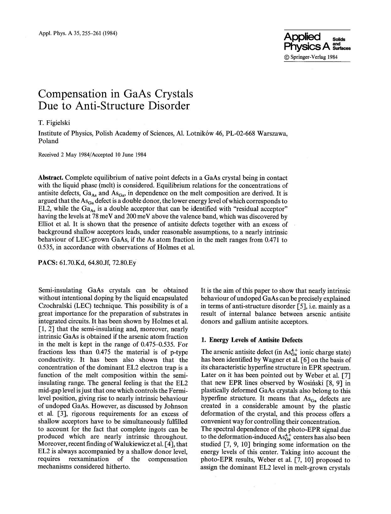 Compensation in GaAs crystals due to anti-structure disorder by Unknown