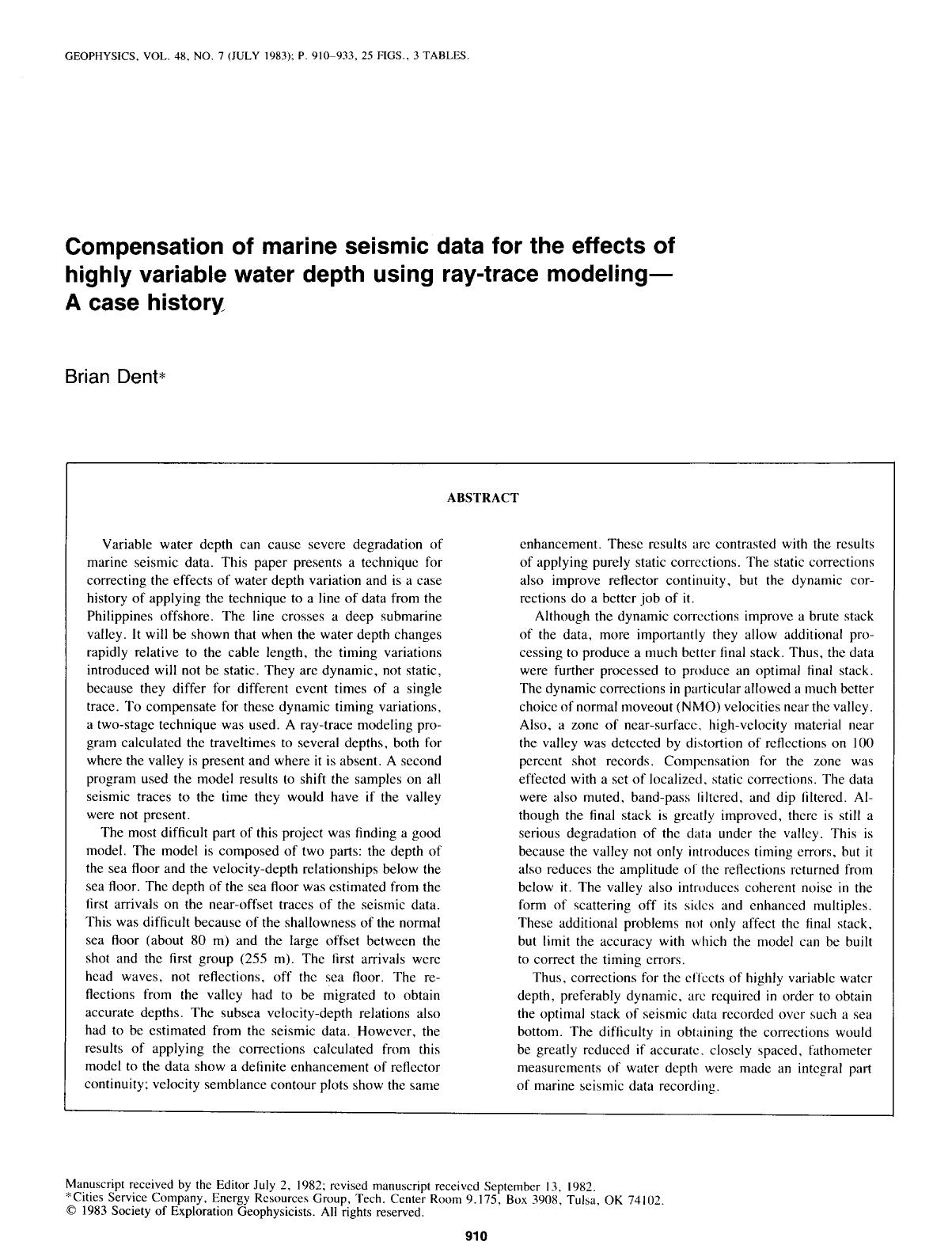Compensation of marine seismic data for the effects of highly variable water depth using ray-trace modeling--A case history by Dent B