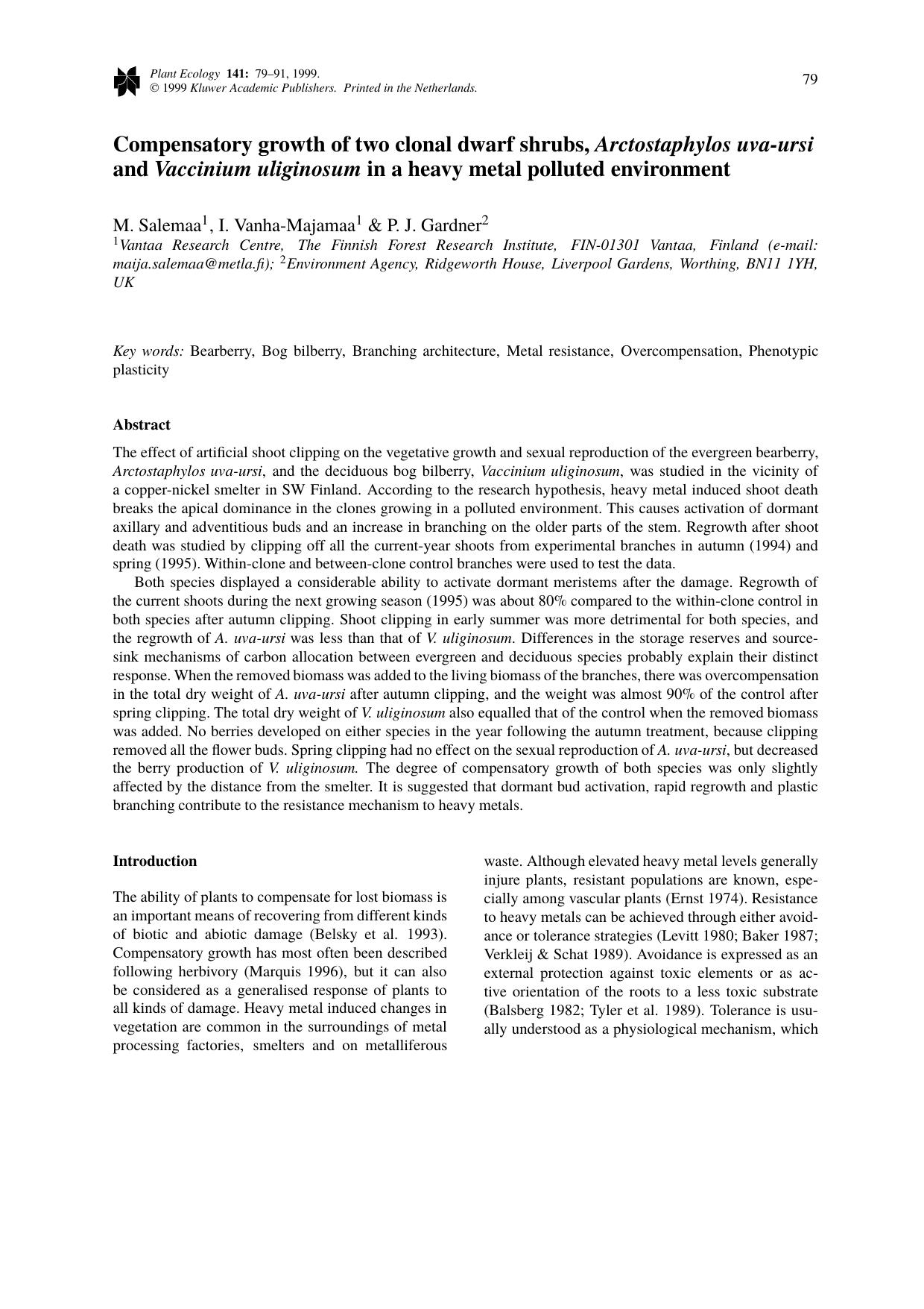 Compensatory growth of two clonal dwarf shrubs, Arctostaphylos uva-ursi and Vaccinium uliginosum in a heavy metal polluted environment by Unknown