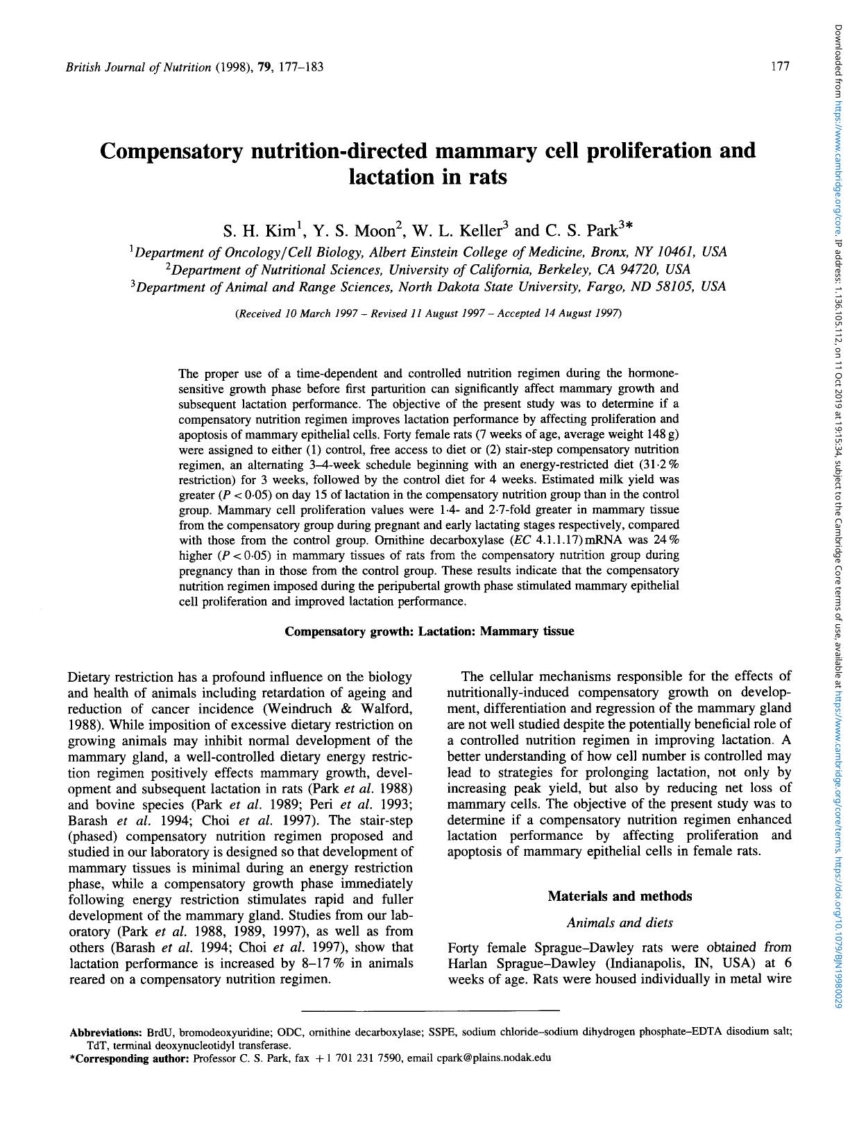 Compensatory nutrition-directed mammary cell proliferation and lactation in rats by S. H. Kim Y. S. Moon W. L. Keller & C. S. Park