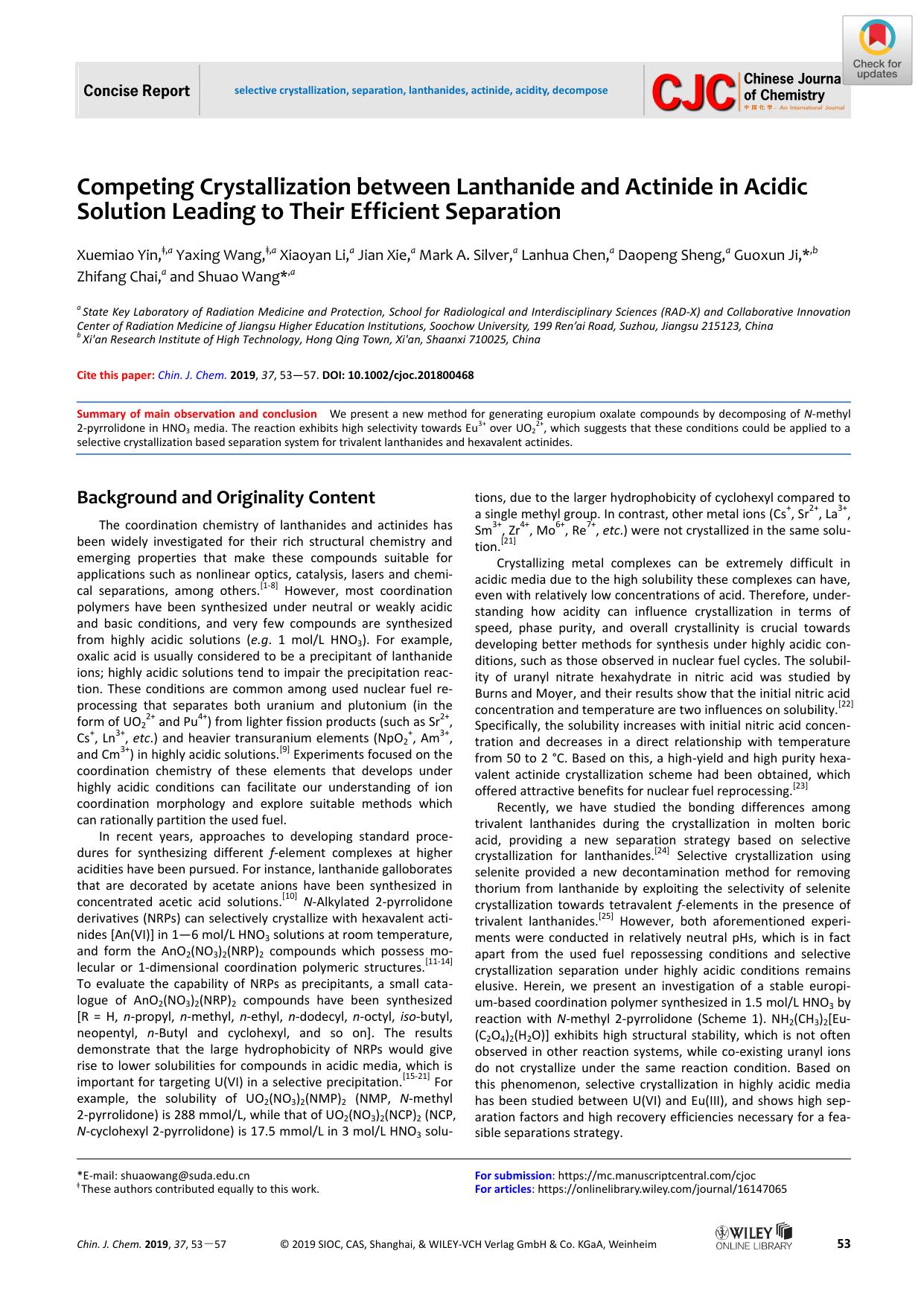 Competing Crystallization between Lanthanide and Actinide in Acidic Solution Leading to Their Efficient Separation by Unknown