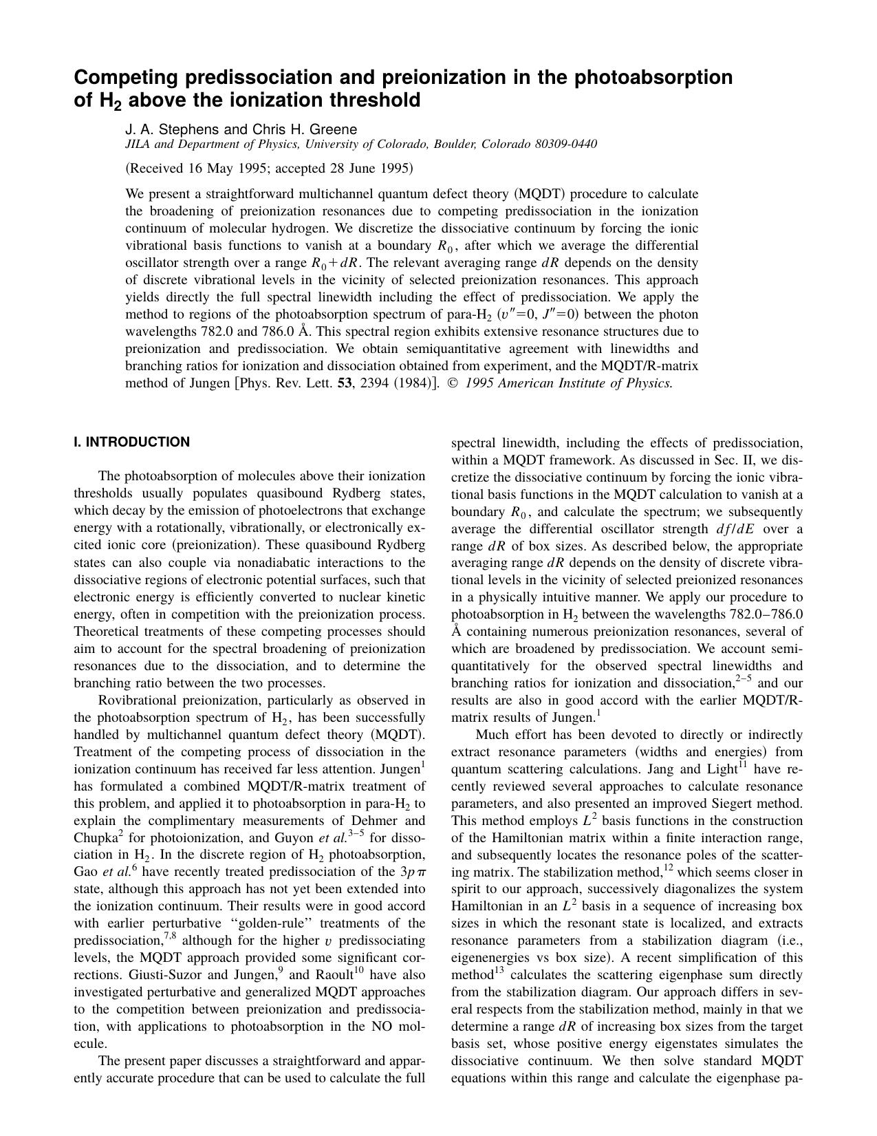 Competing predissociation and preionization in the photoabsorption of H 2 above the ionization threshold by J. A. Stephens and Chris H. Greene