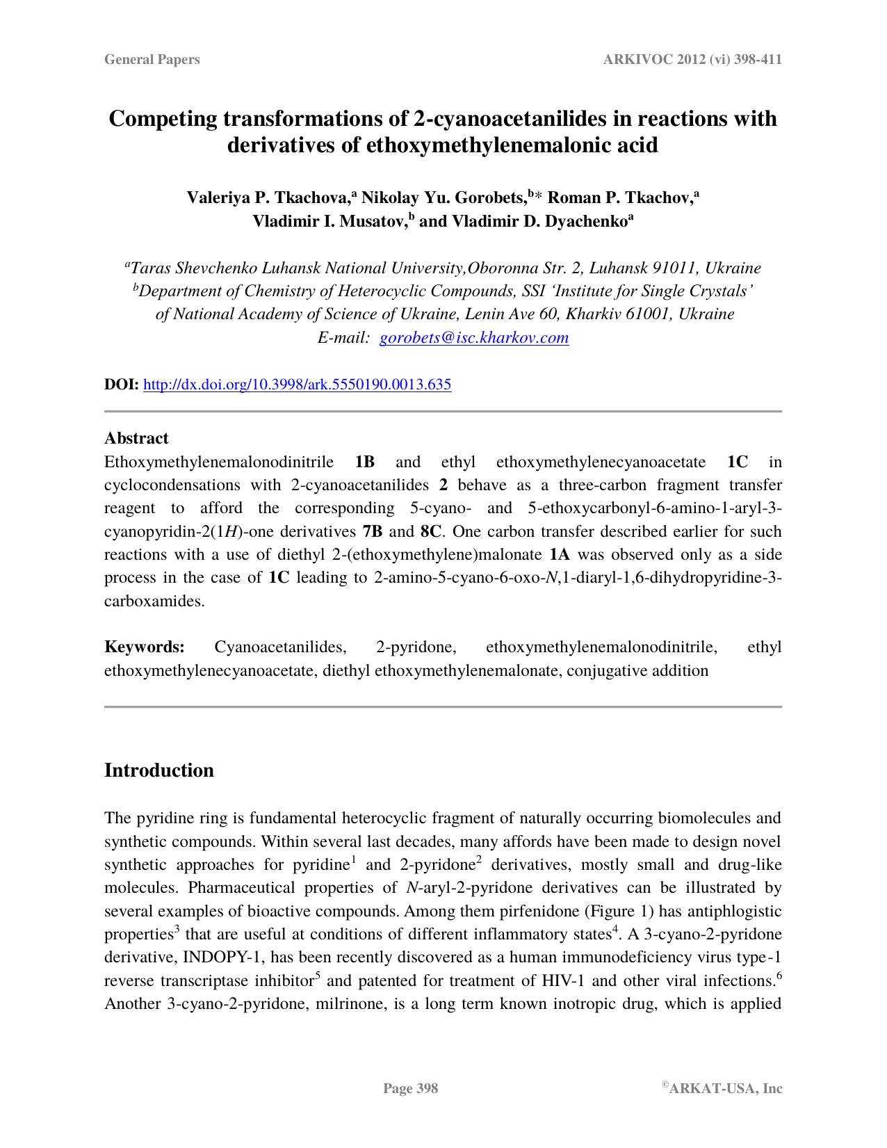 Competing transformations of 2-cyanoacetanilides in the reactions with derivatives of ethoxymethylenemalonic acid by Customer