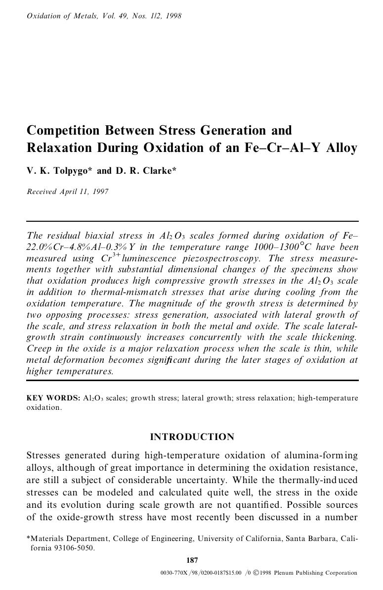 Competition Between Stress Generation and Relaxation During Oxidation of an Fe-Cr-Al-Y Alloy by Unknown