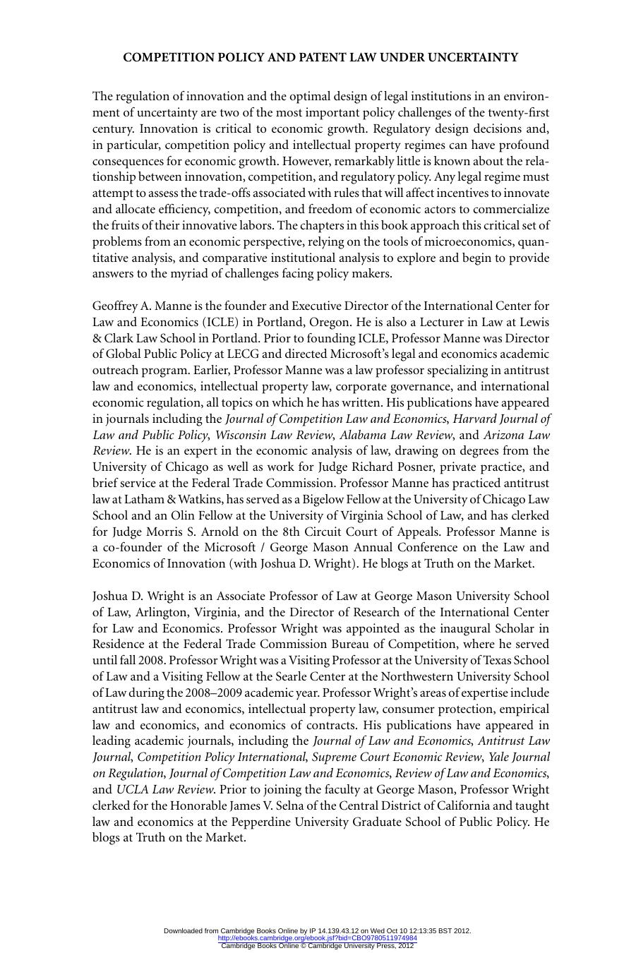 Competition Policy and Patent Law Under Uncertainty: Regulating Innovation by Geoffrey A. Manne & Joshua D. Wright