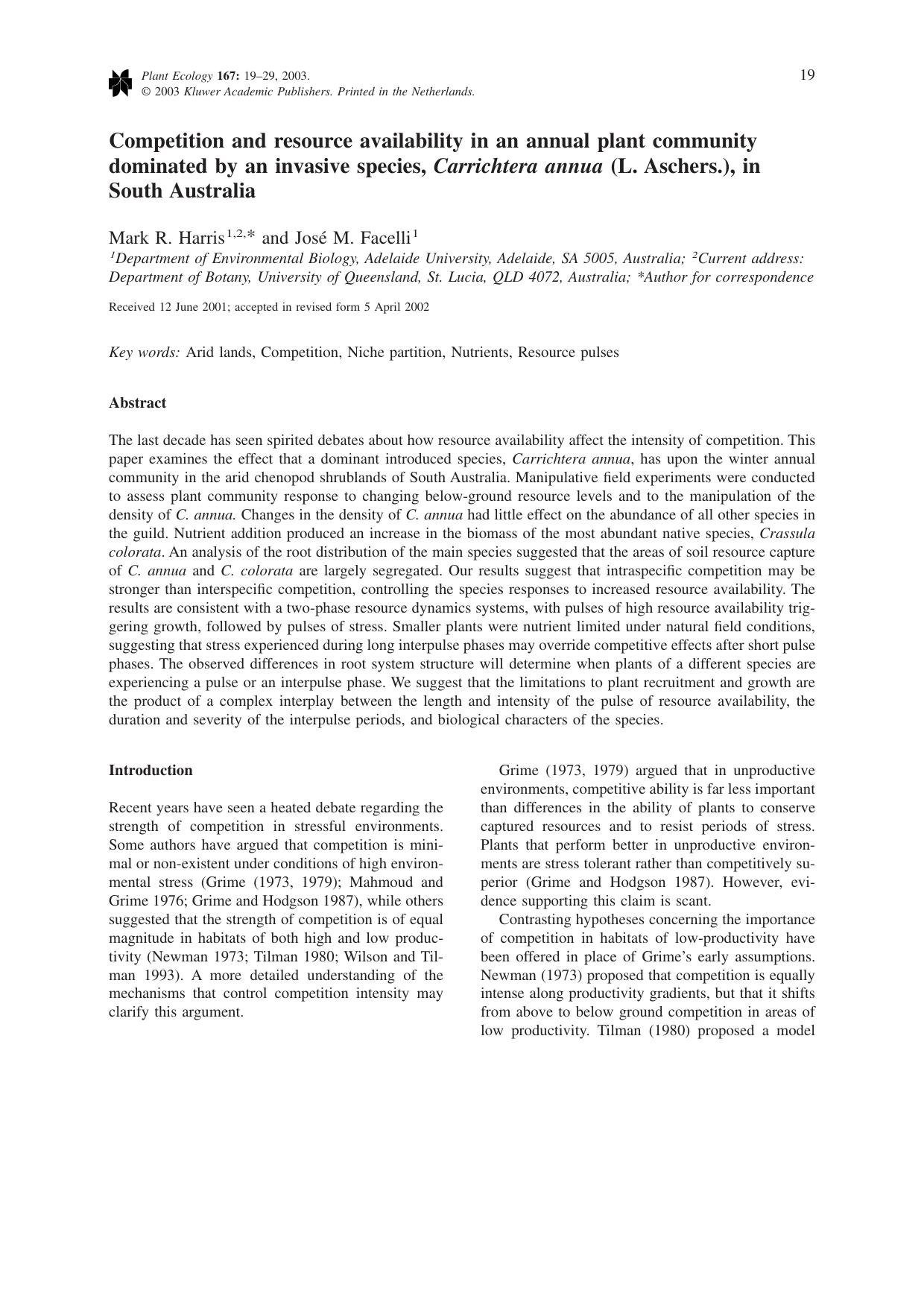 Competition and resource availability in an annual plant community dominated by an invasive species, <Emphasis Type="Italic">Carrichtera annua<Emphasis> (L. Aschers.), in South Australia by Unknown