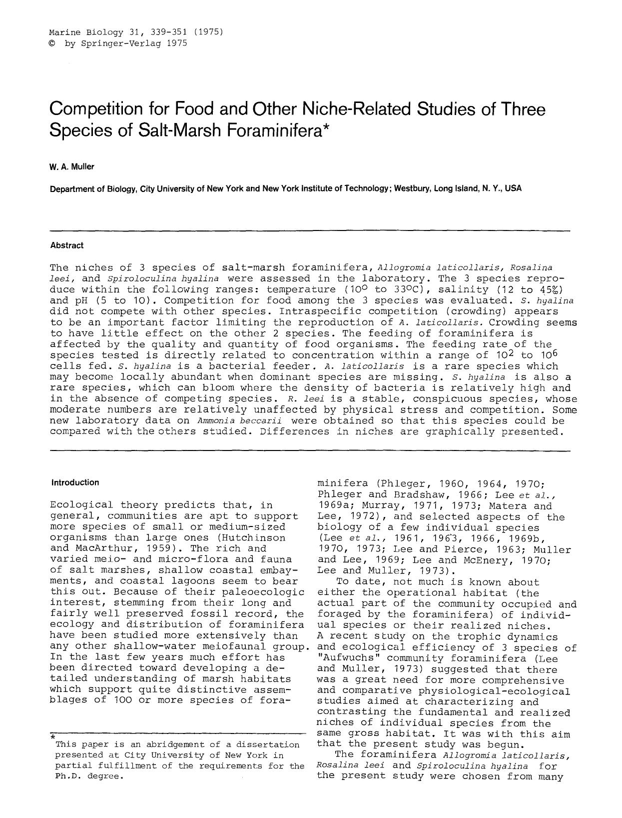 Competition for food and other niche-related studies of three species of salt-marsh foraminifera by Unknown