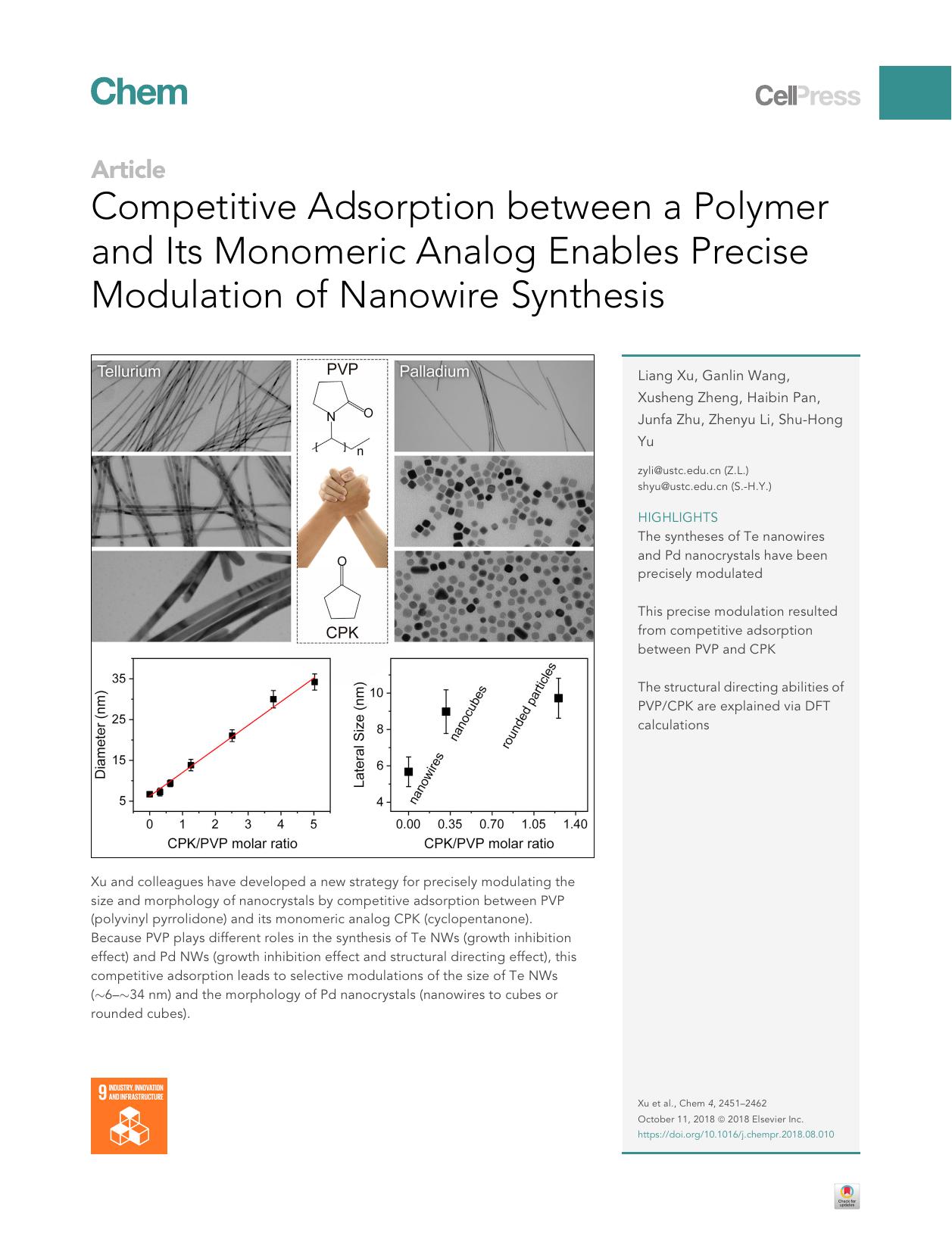 Competitive Adsorption between a Polymer and Its Monomeric Analog Enables Precise Modulation of Nanowire Synthesis by Liang Xu & Ganlin Wang & Xusheng Zheng & Haibin Pan & Junfa Zhu & Zhenyu Li & Shu-Hong Yu