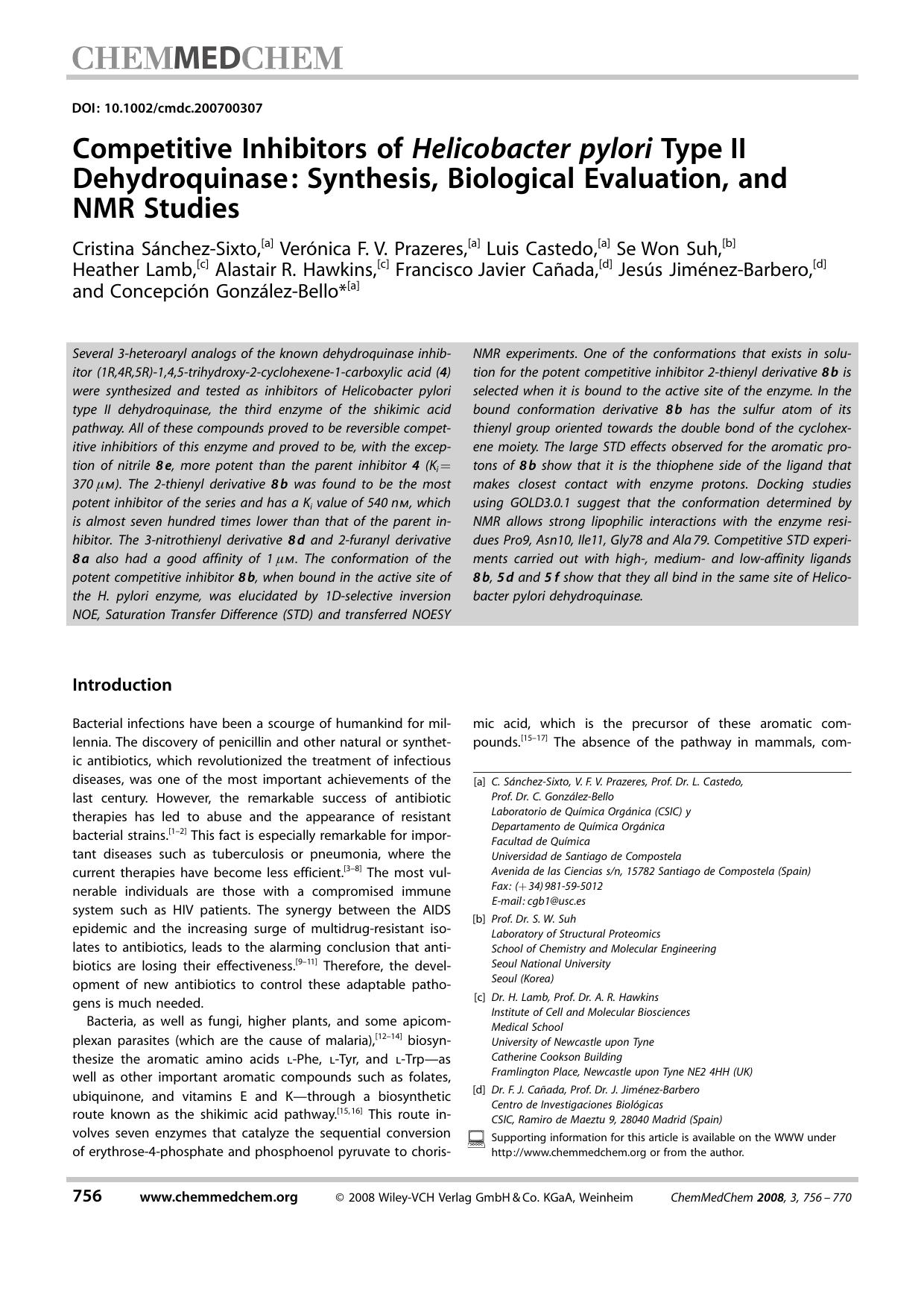 Competitive Inhibitors of Helicobacter pylori Type[emsp14]II Dehydroquinase: Synthesis, Biological Evaluation, and NMR Studies by Unknown