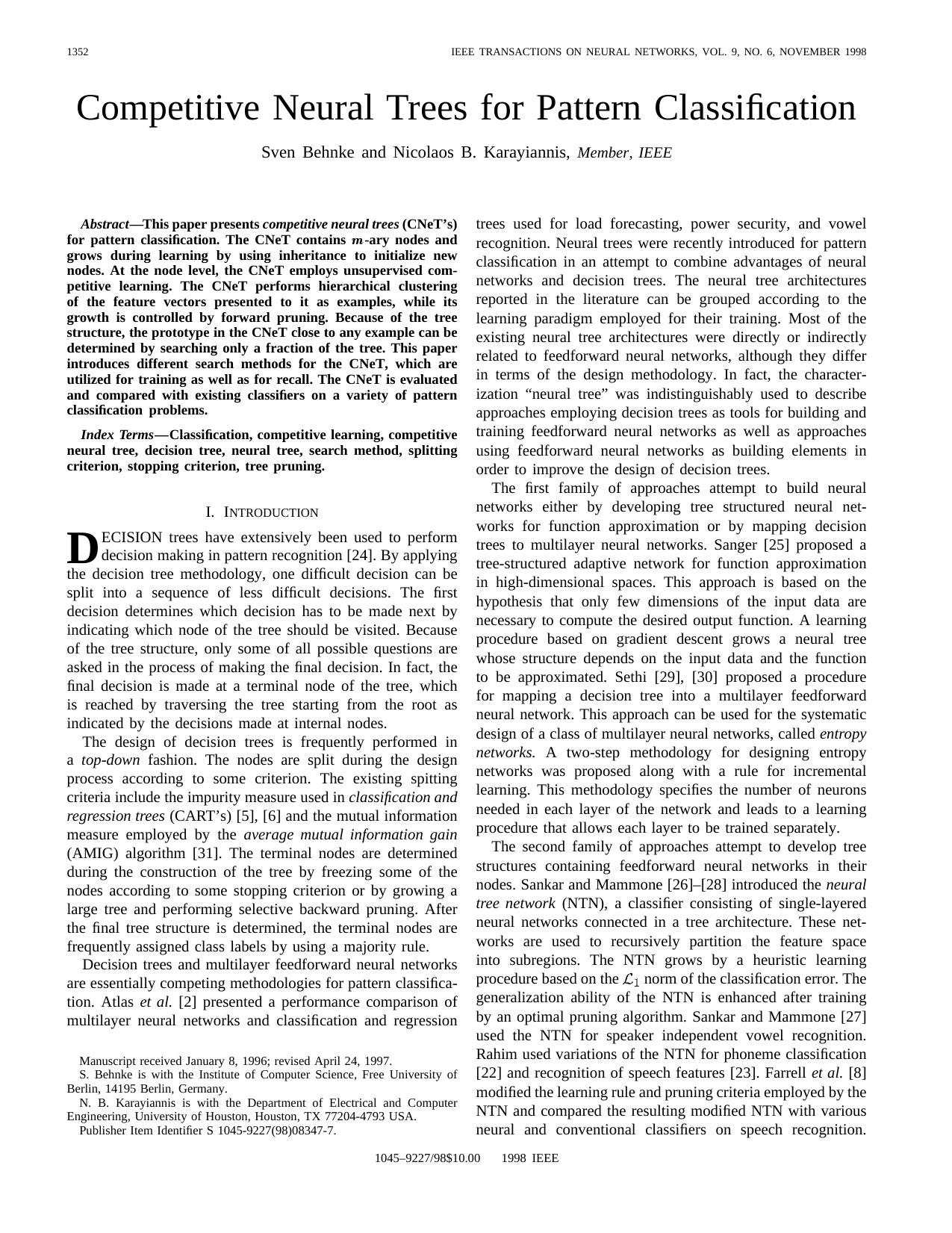 Competitive Neural Trees for Pattern Classification - Neural Networks, IEEE Transactions on by IEEE