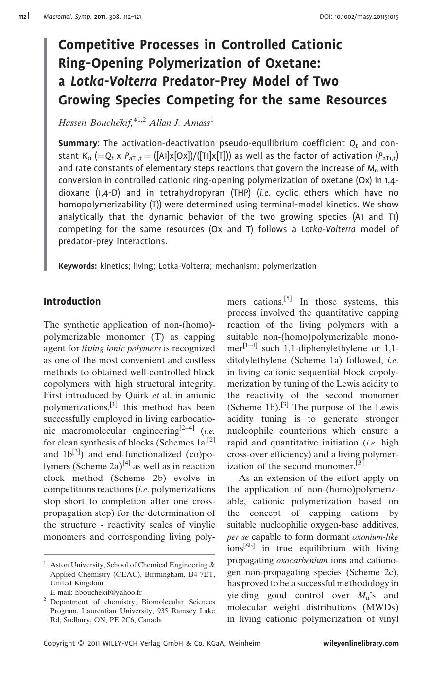 Competitive Processes in Controlled Cationic RingOpening Polymerization of Oxetane: a LotkaVolterra PredatorPrey Model of Two Growing Species Competing for the same Resources by Unknown